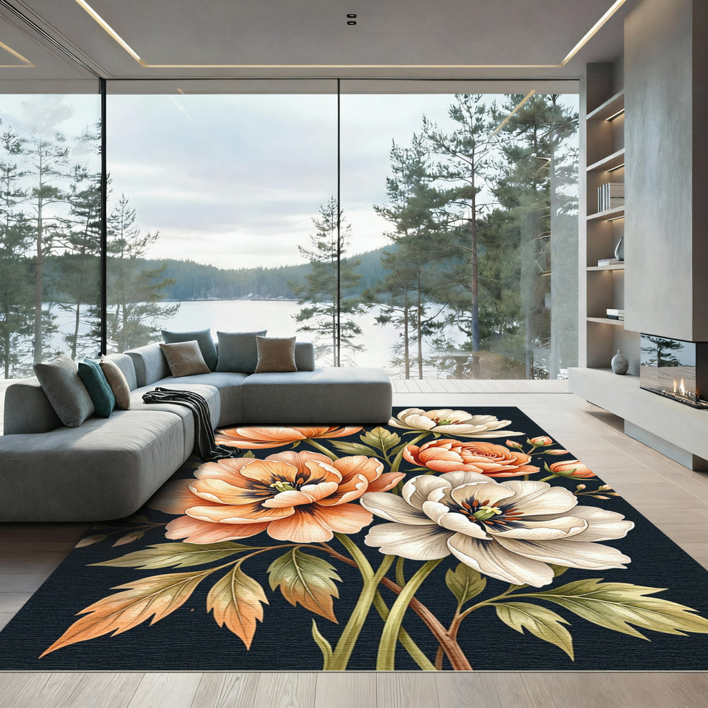 Elegant Peach White Peony Blossom Rug