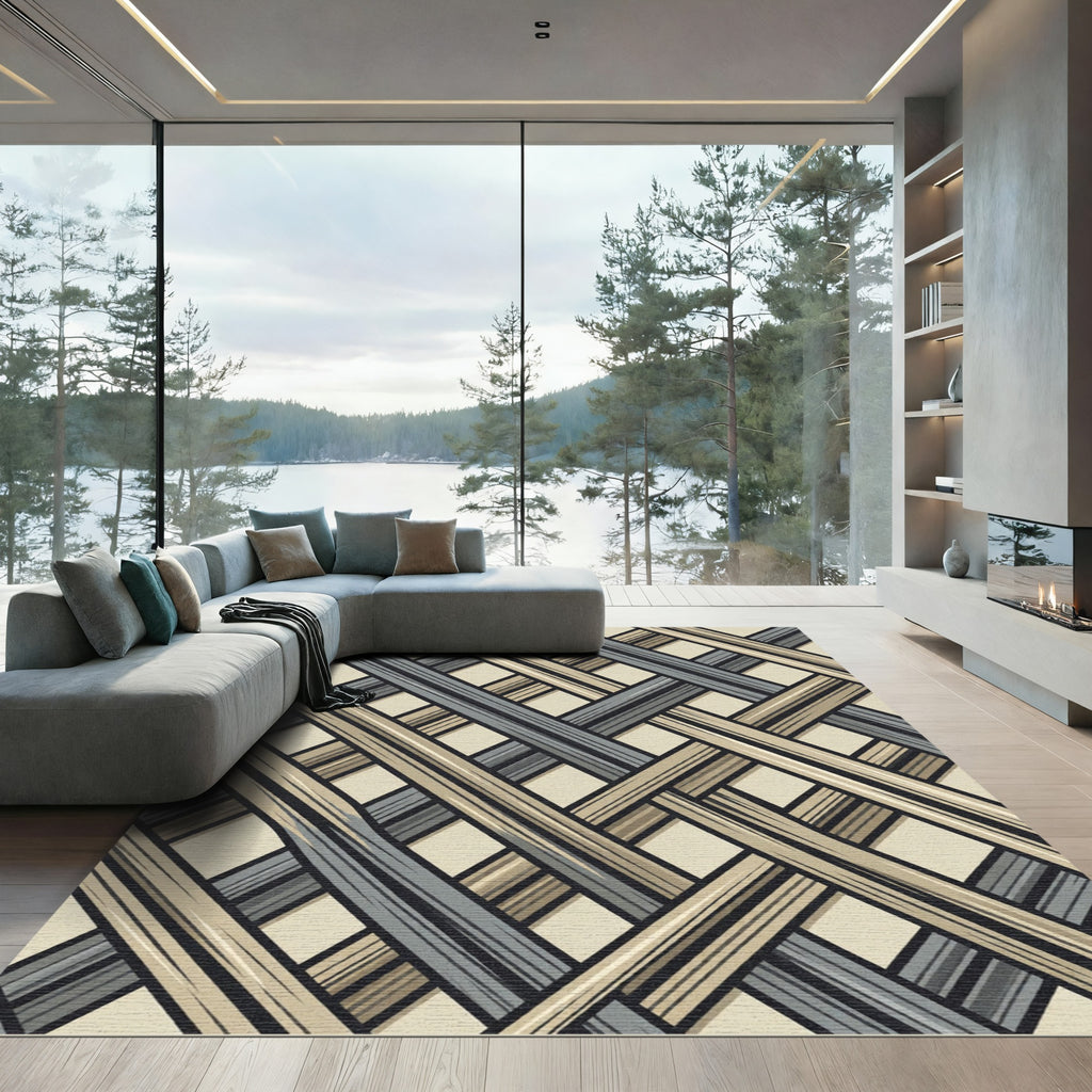 Neutral Gray Tan Woven Lattice Rug