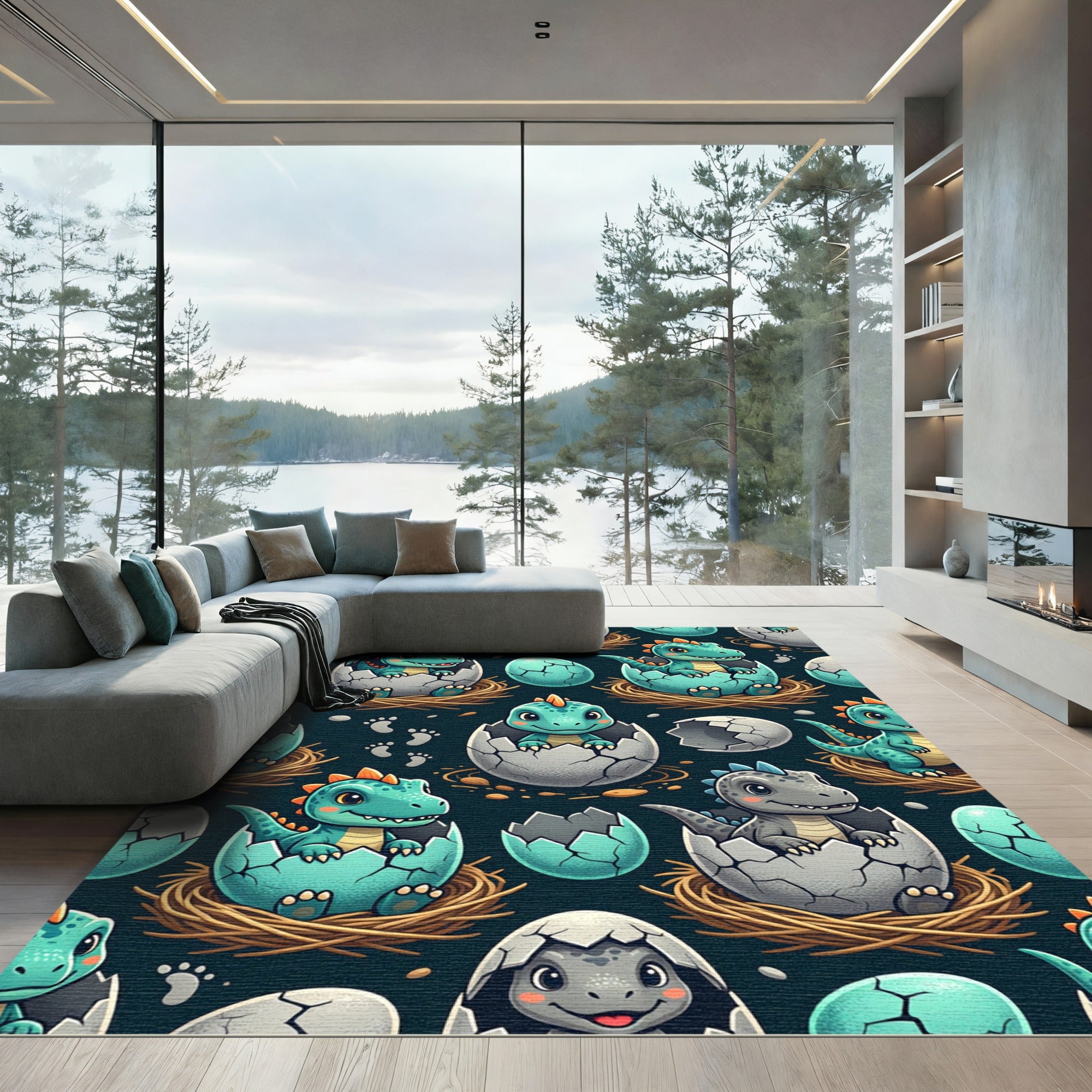 Playful Teal Hatching Dinosaur Illustration Rug