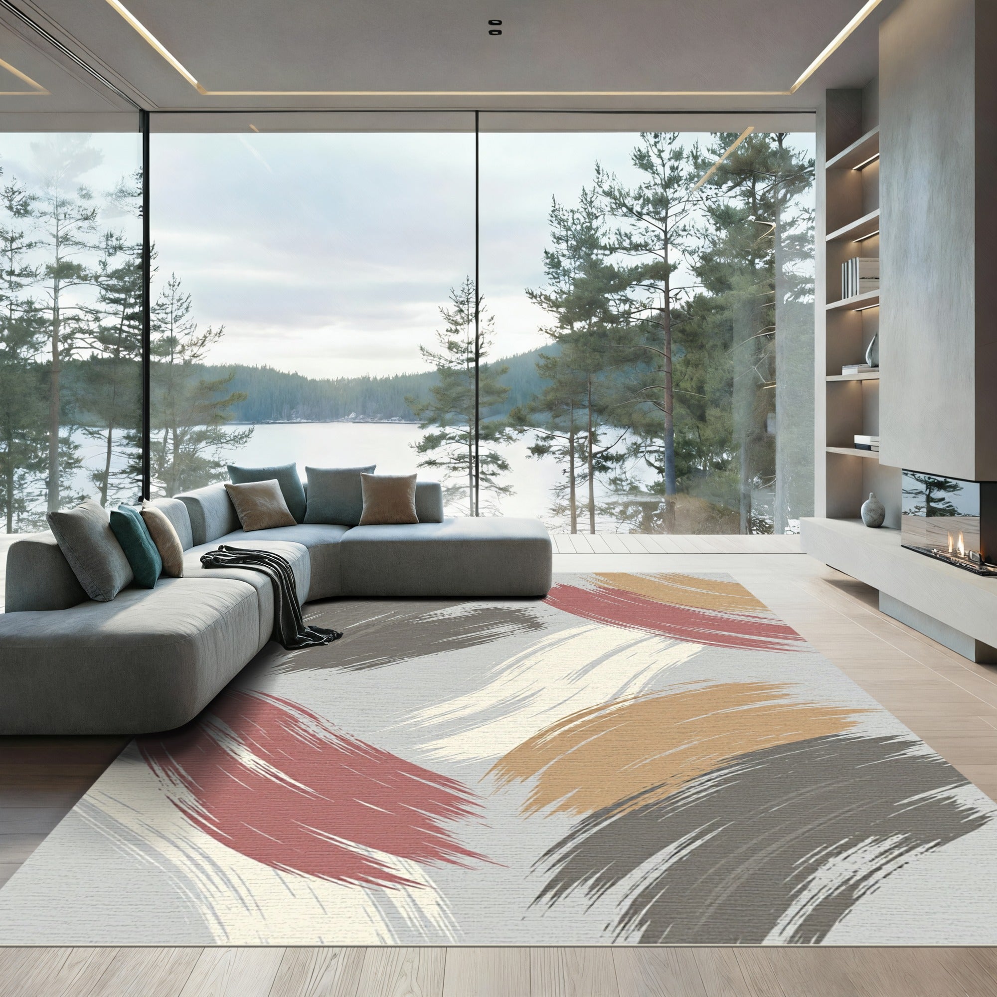 Modern Abstract Painted Earth Tone Swirls Rug