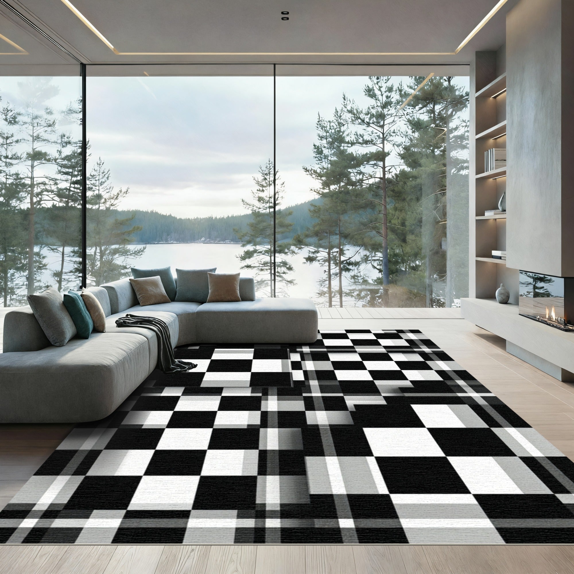 Modern Monochrome Checkered Geometric Block Grid Rug
