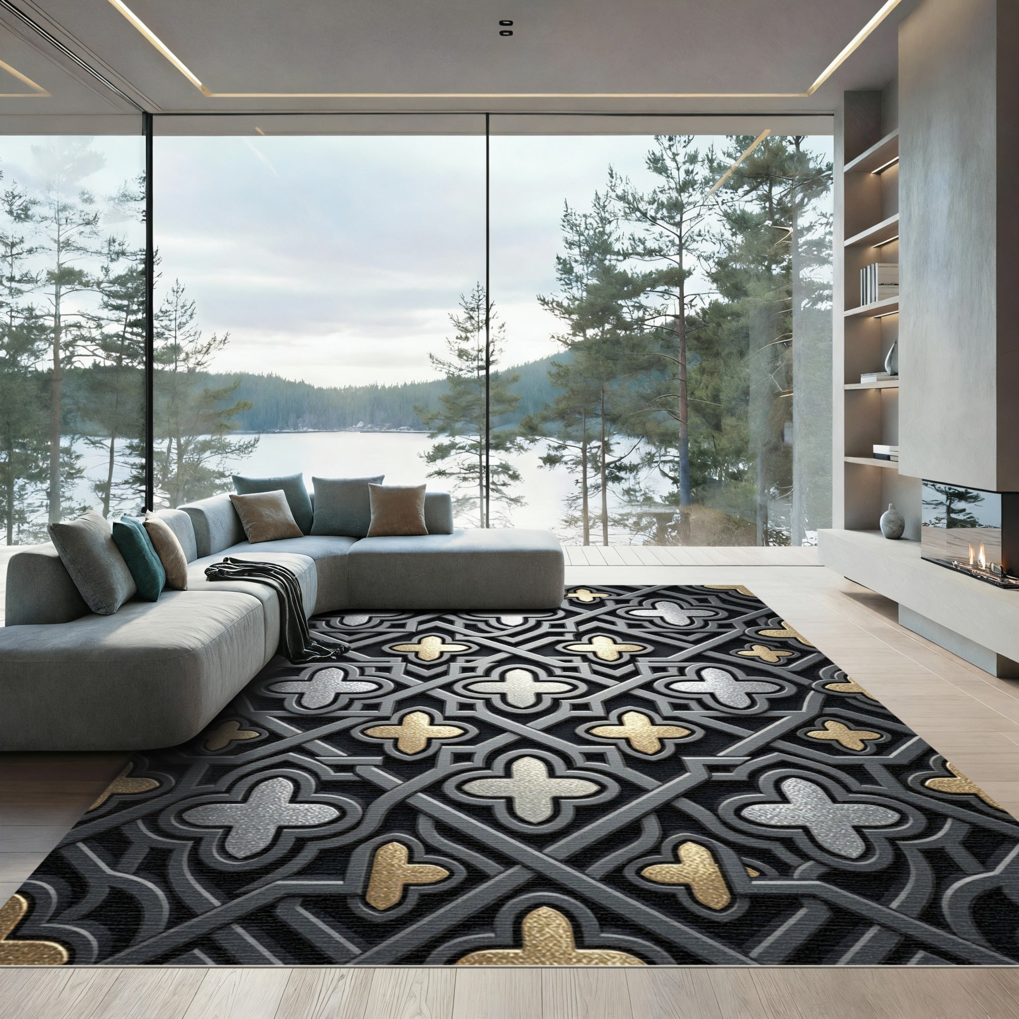 Silver and Gold Geometric Quatrefoil Rug