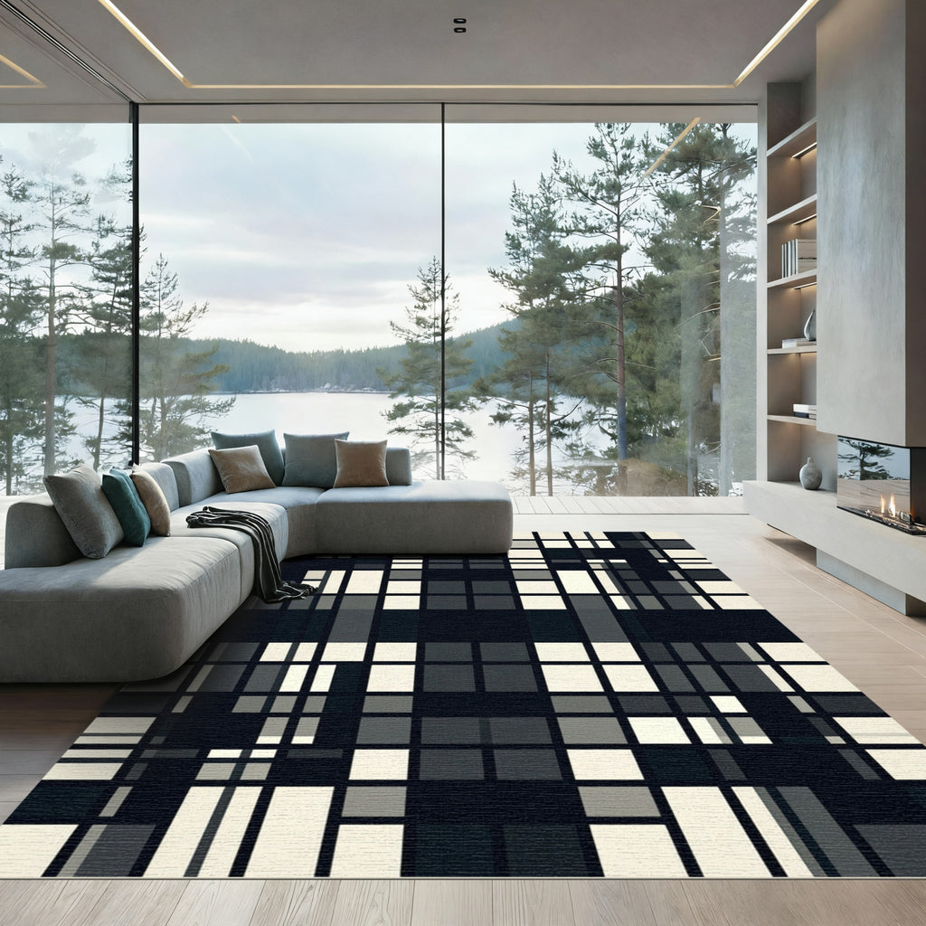 Modern Black and White Grid Check Rug