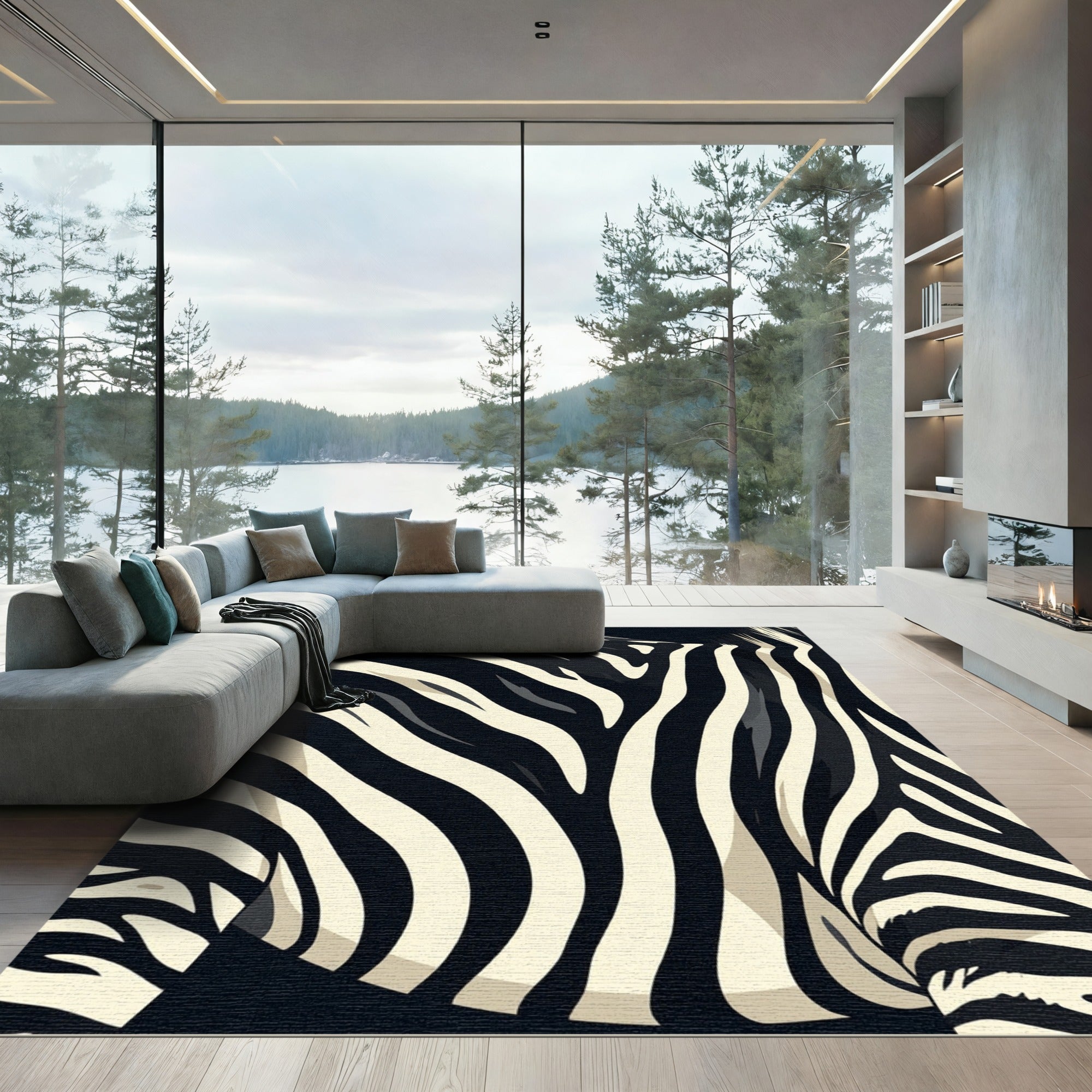 Striking Black White Wavy Lines Rug