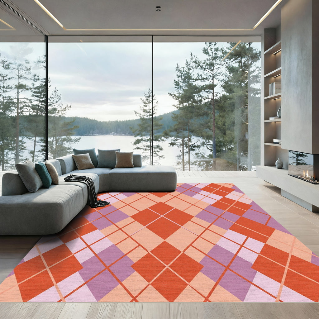 Coral Pink Argyle Diamond Lattice Rug