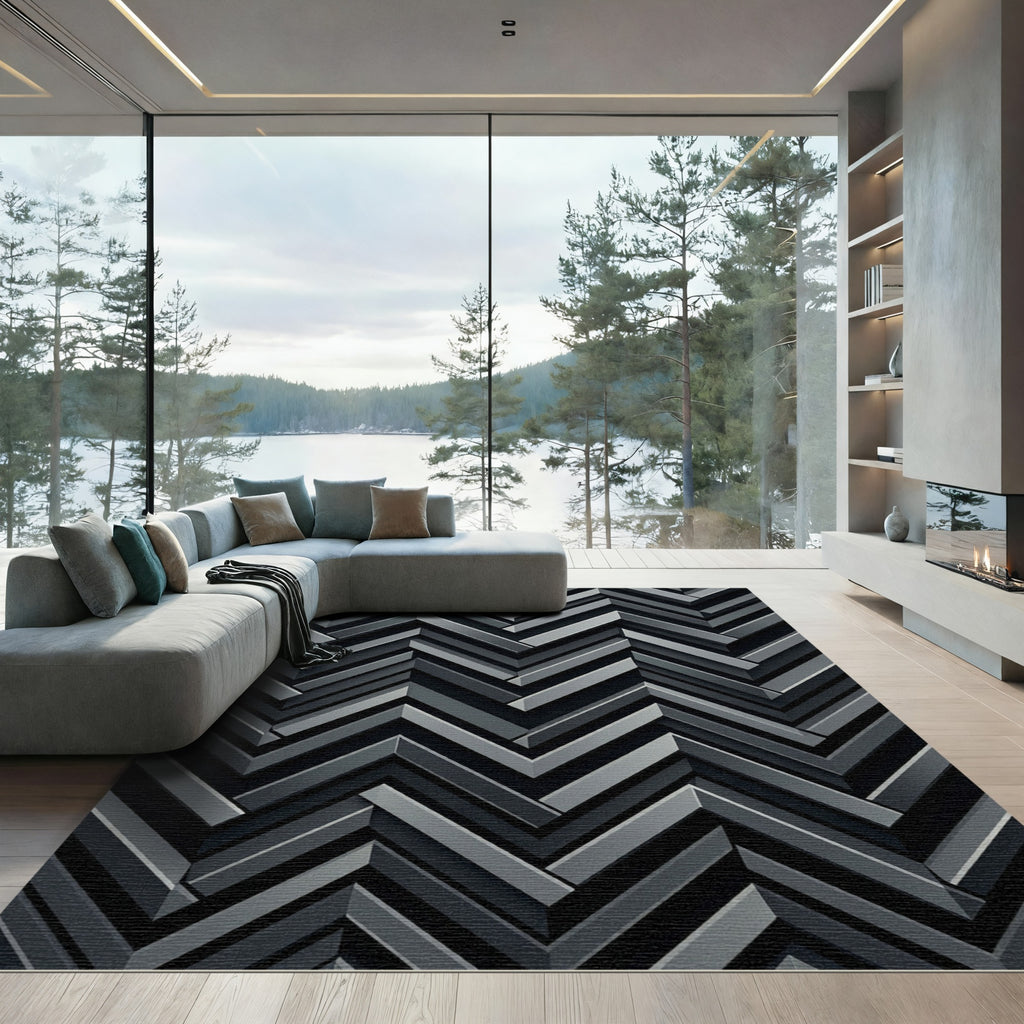 Monochrome Gray Herringbone Chevron Rug