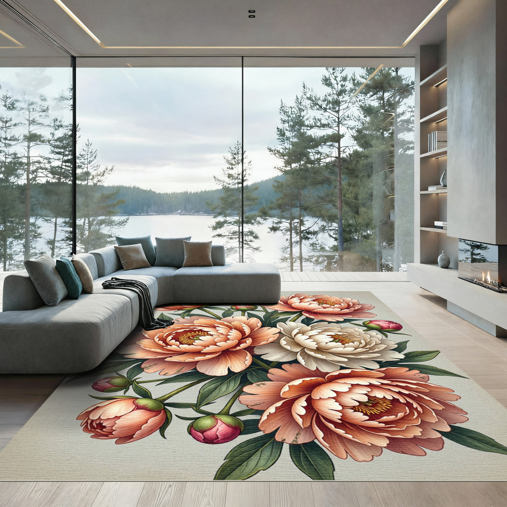Elegant Peach and Cream Peony Bouquet Rug
