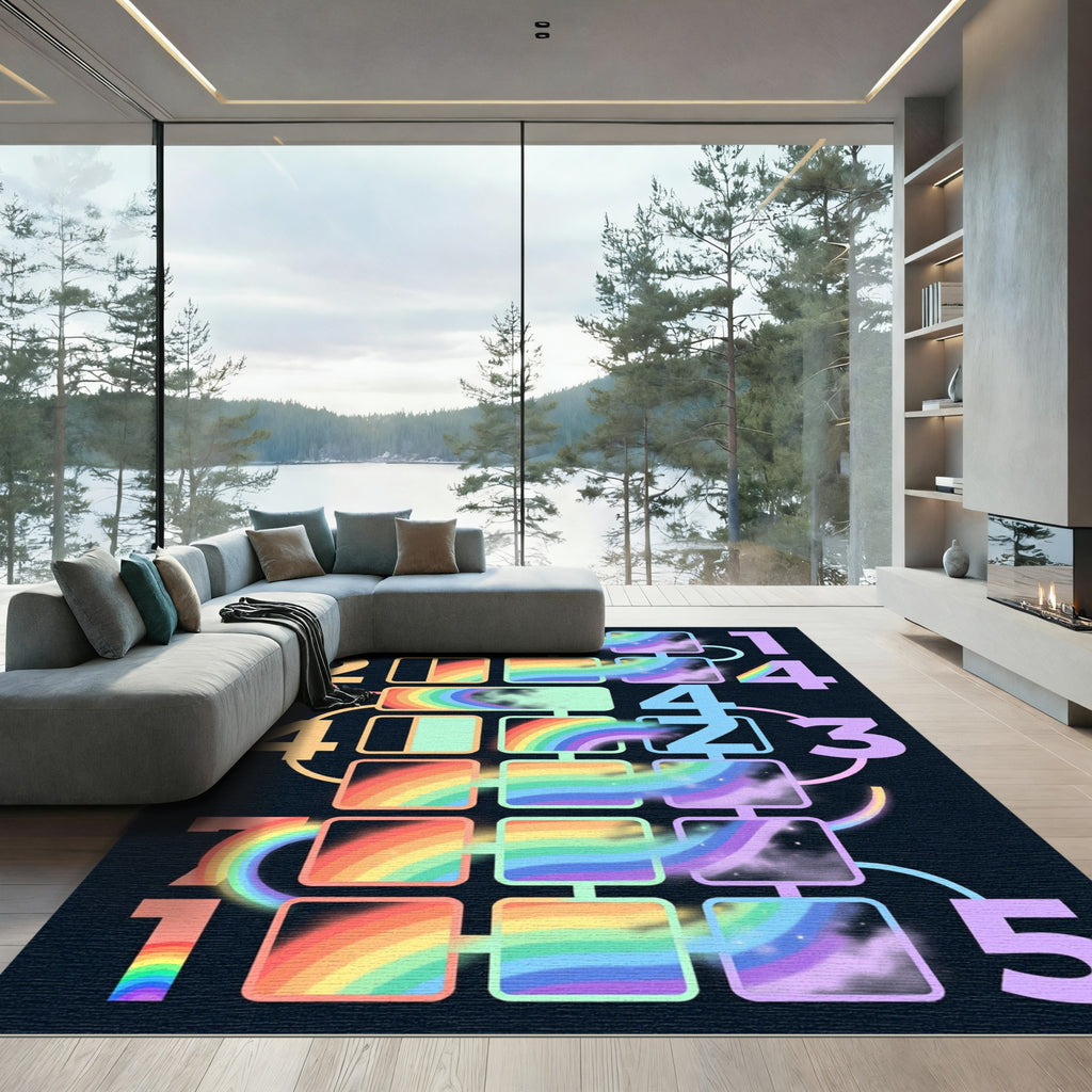 Vibrant Rainbow Numeric Grid Cosmic Art Rug