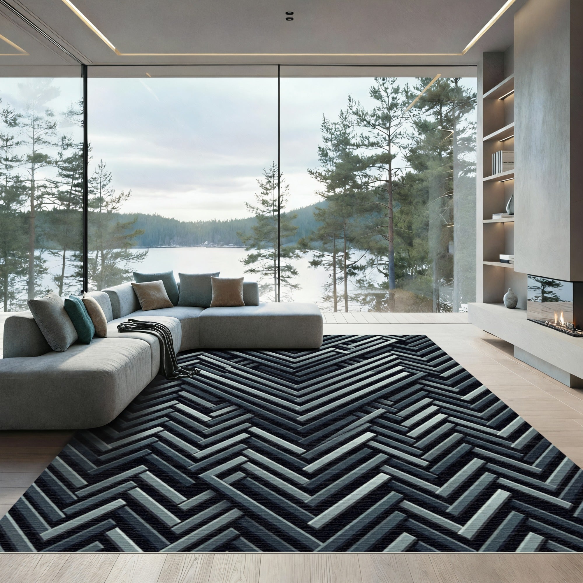 Sophisticated Gray Chevron Interlocking Geometric Rug