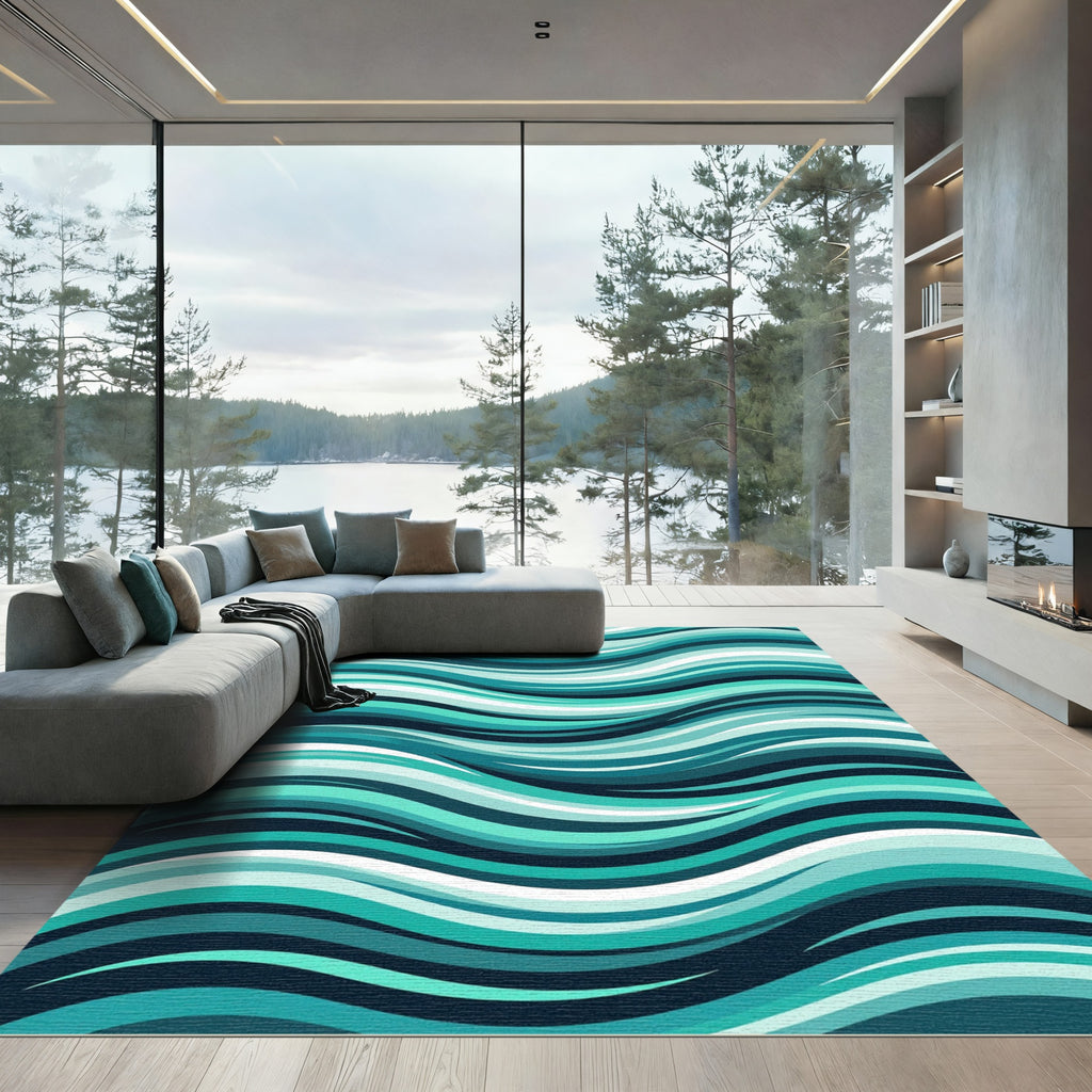 Abstract Teal Wave Flow Rug
