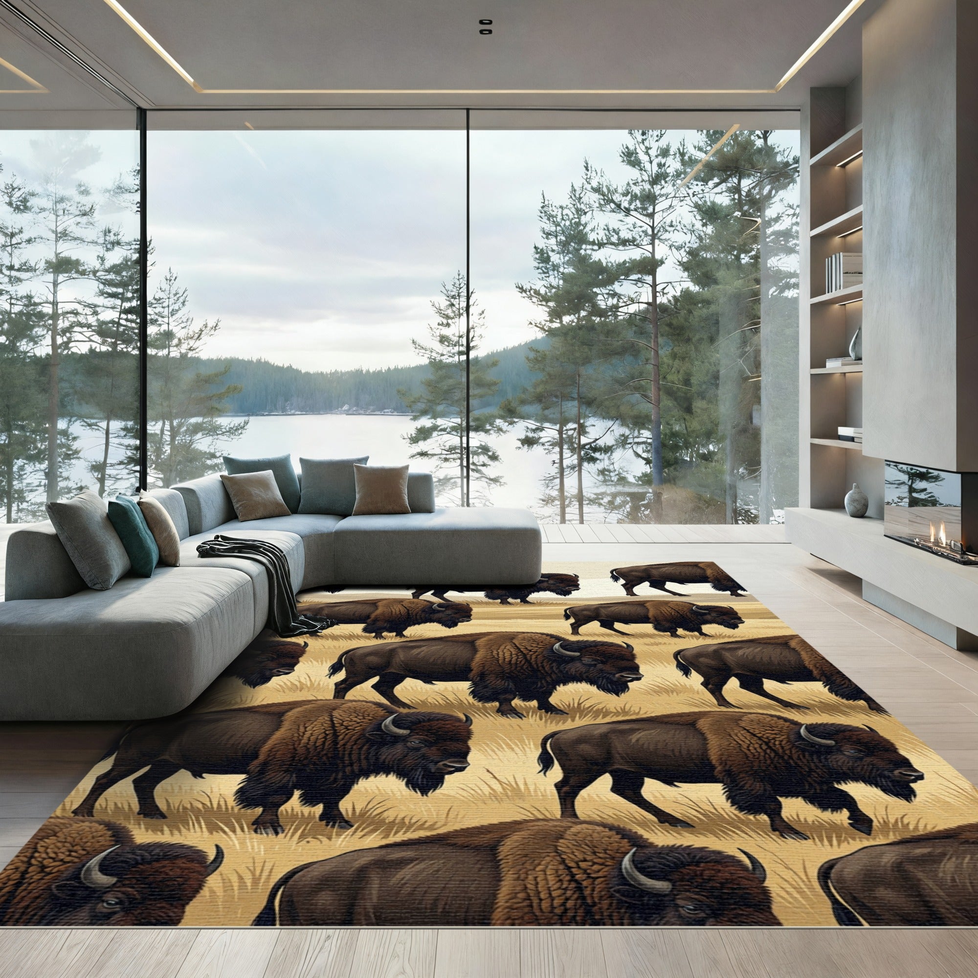 Majestic Wild Bison Meadow Landscape Rug
