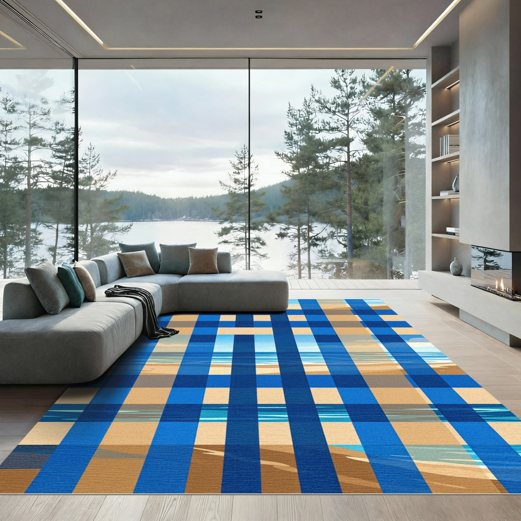 Coastal Blue Oversized Plaid Beachscape Rug