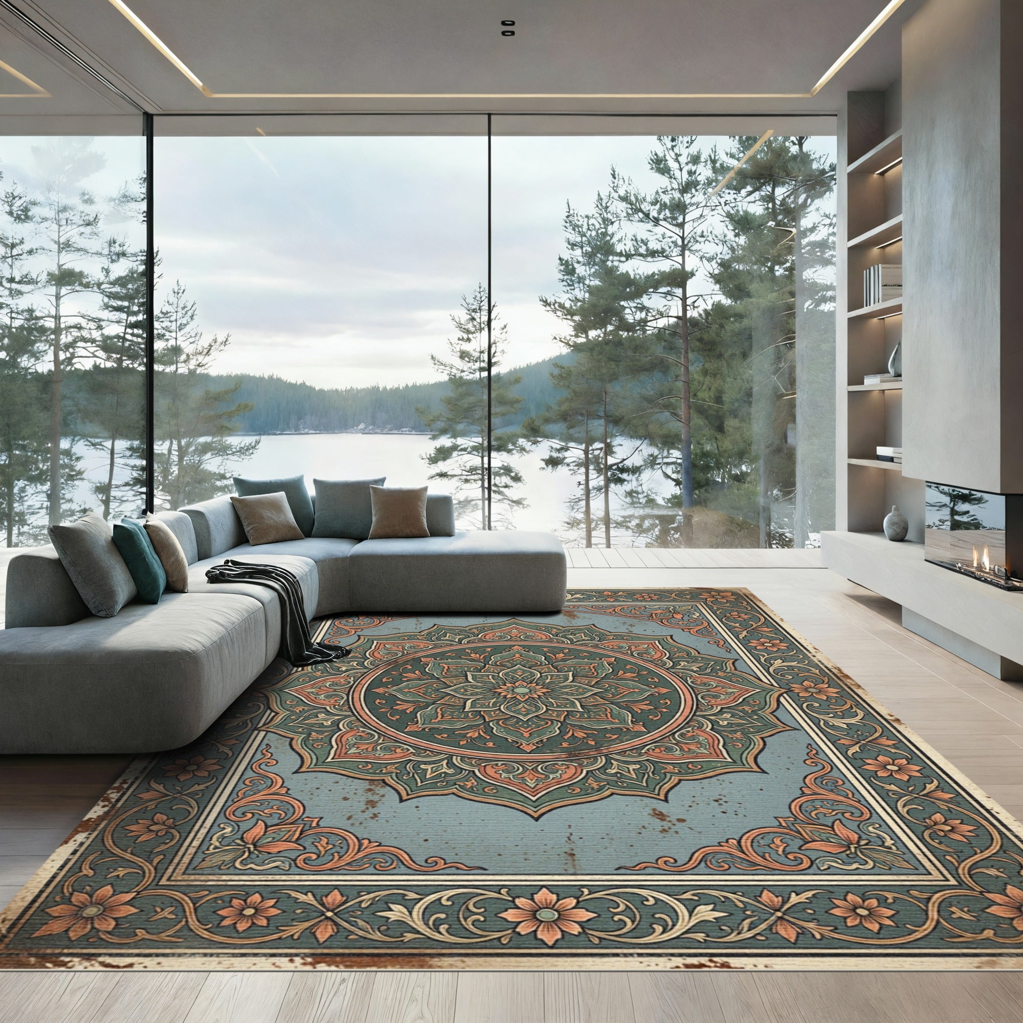 Vintage Sage Teal Floral Medallion Rug