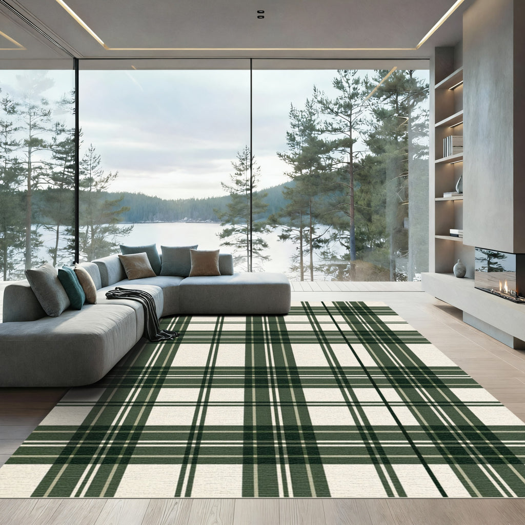 Classic Green Cream Plaid Check Rug