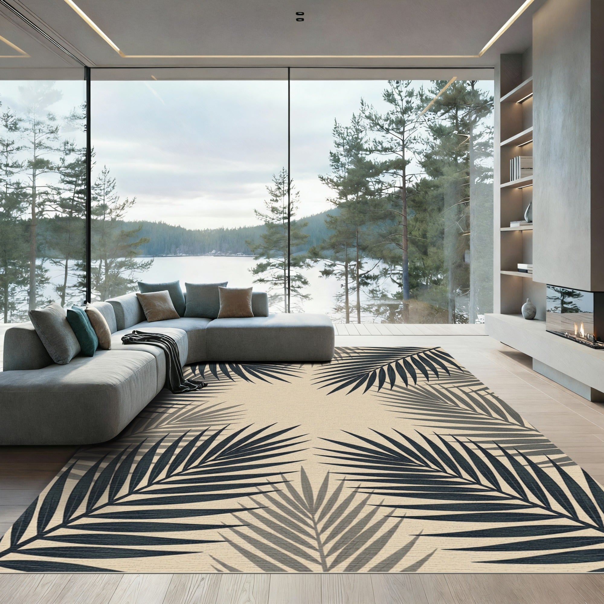 Minimalist Dark Tropical Palm Leaf Area Rug
