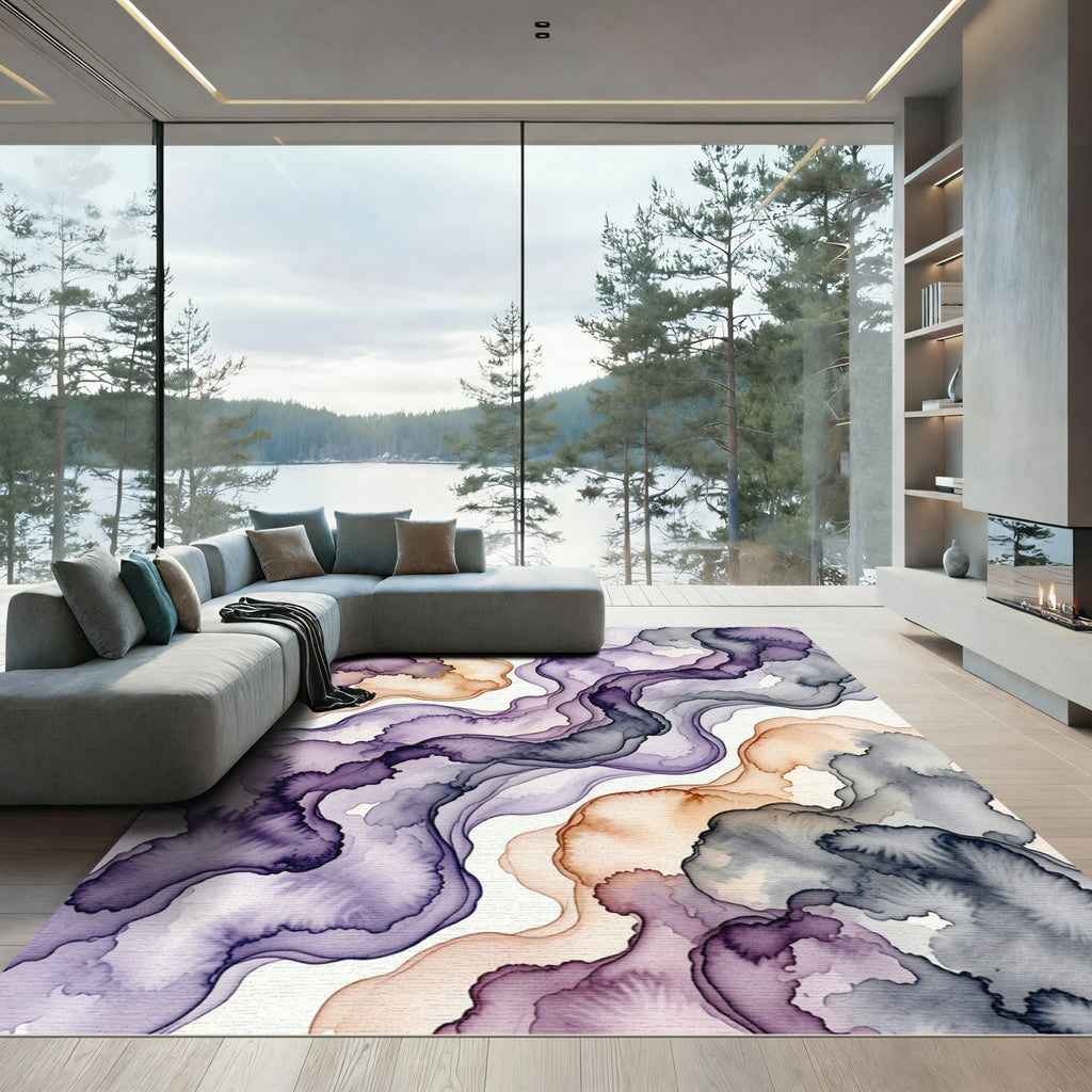 Abstract Plum and Amber Wavy Marble Rug