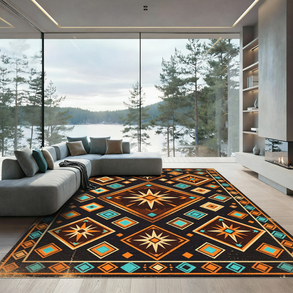 Geometric Starry Navy and Amber Mosaic Rug