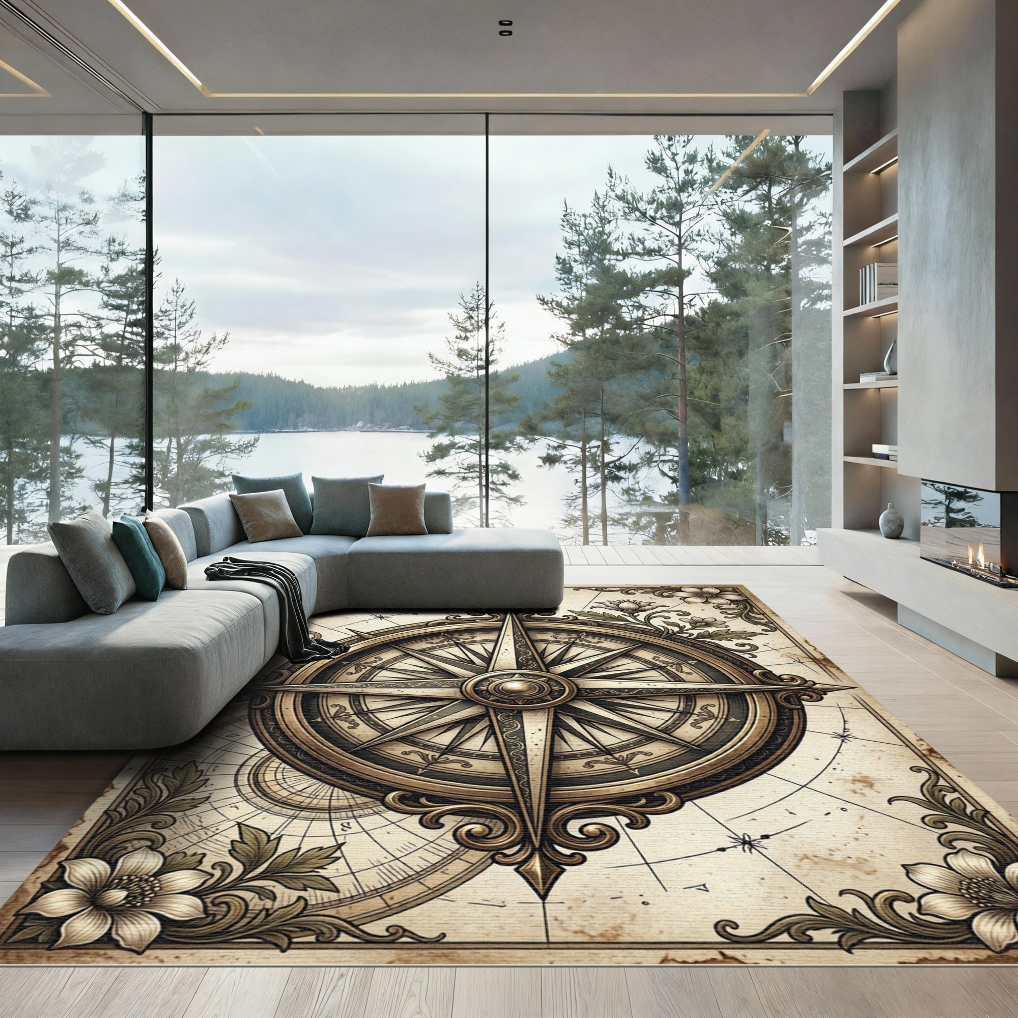 Vintage Bronze Compass Floral Map Rug