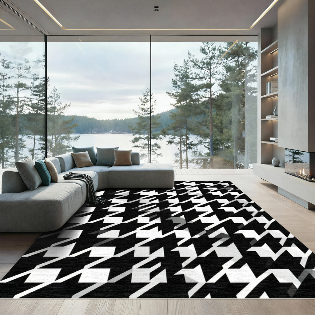Bold Monochrome Geometric Houndstooth Graphic Rug
