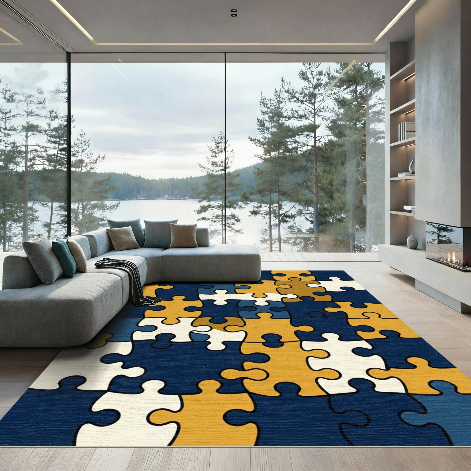 Abstract Navy and Gold Puzzle Rug