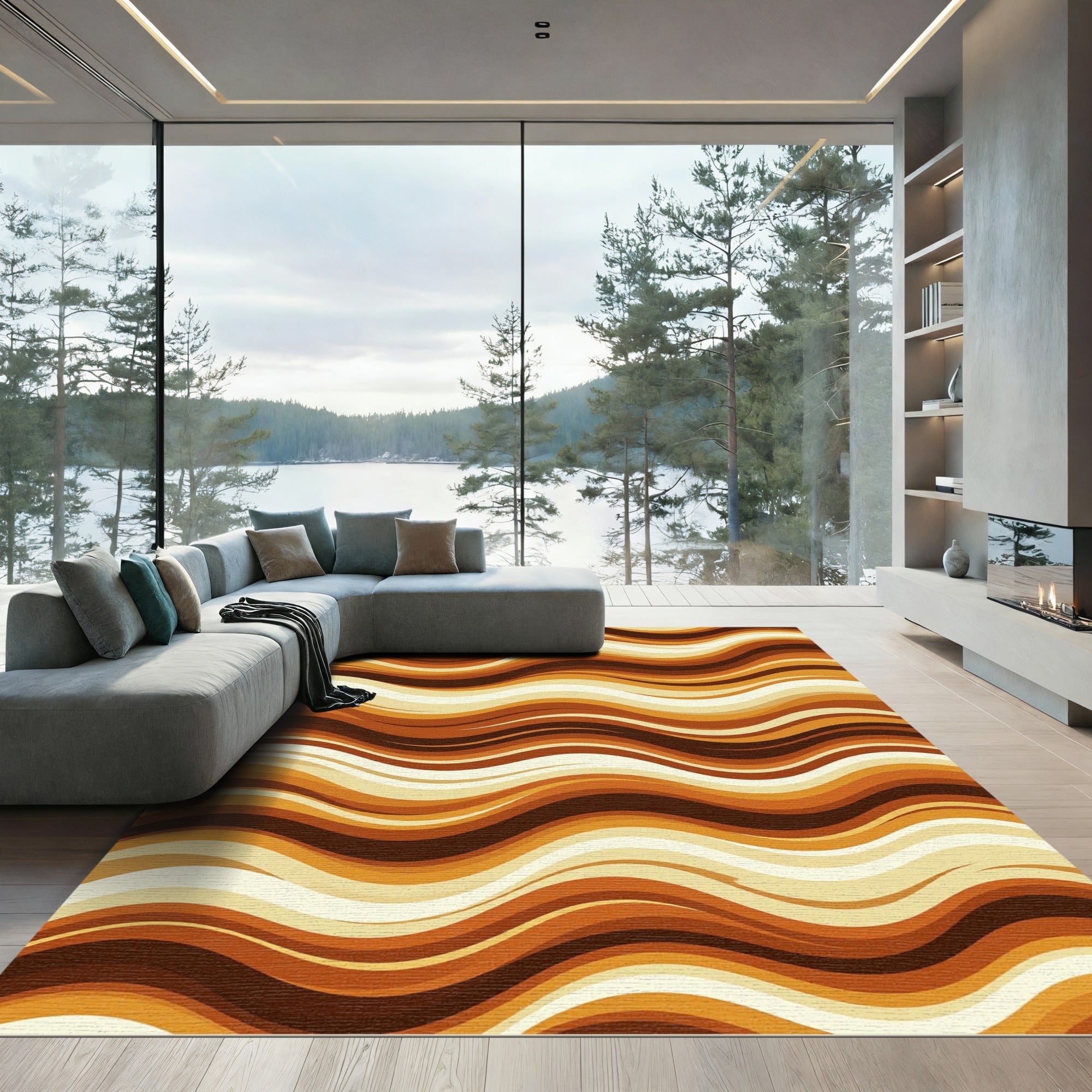 Warm Earthy Retro Wavy Striated Abstract Rug