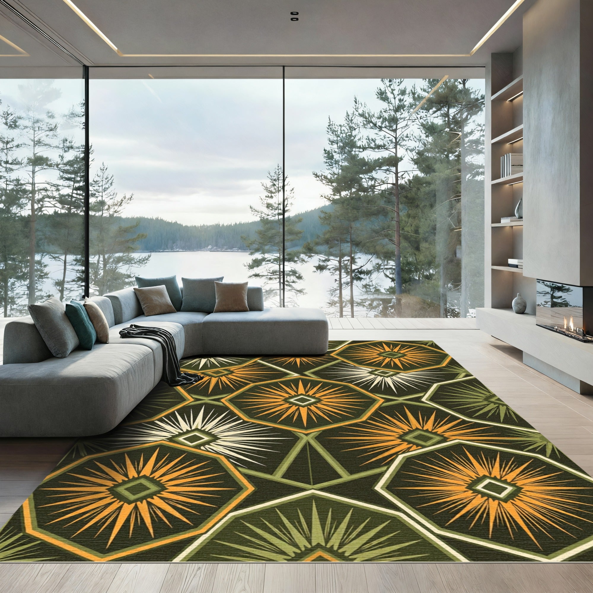Geometric Sunburst Hexagonal Olive Rug