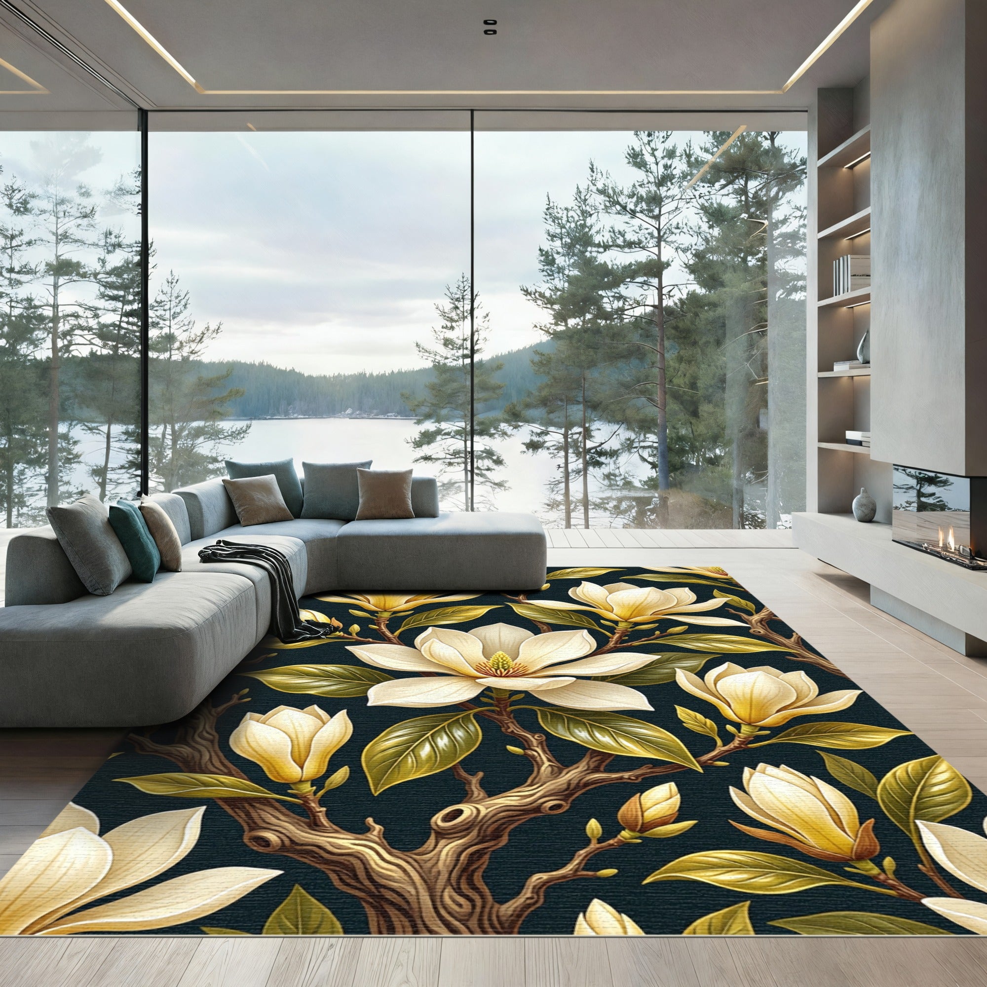 Elegant Cream Magnolia Botanical Branch Rug