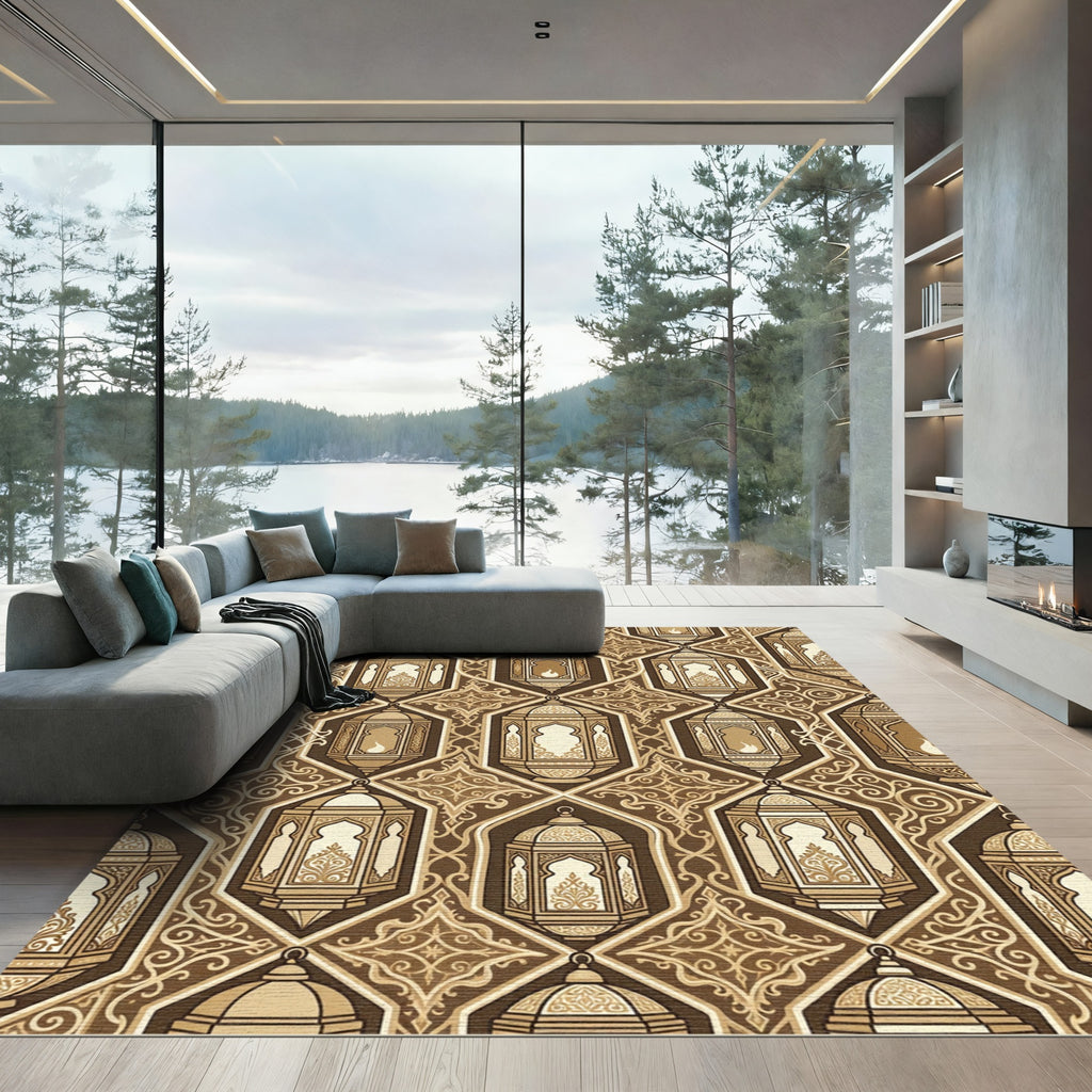Golden Lantern Geometric Arabesque Scroll Rug