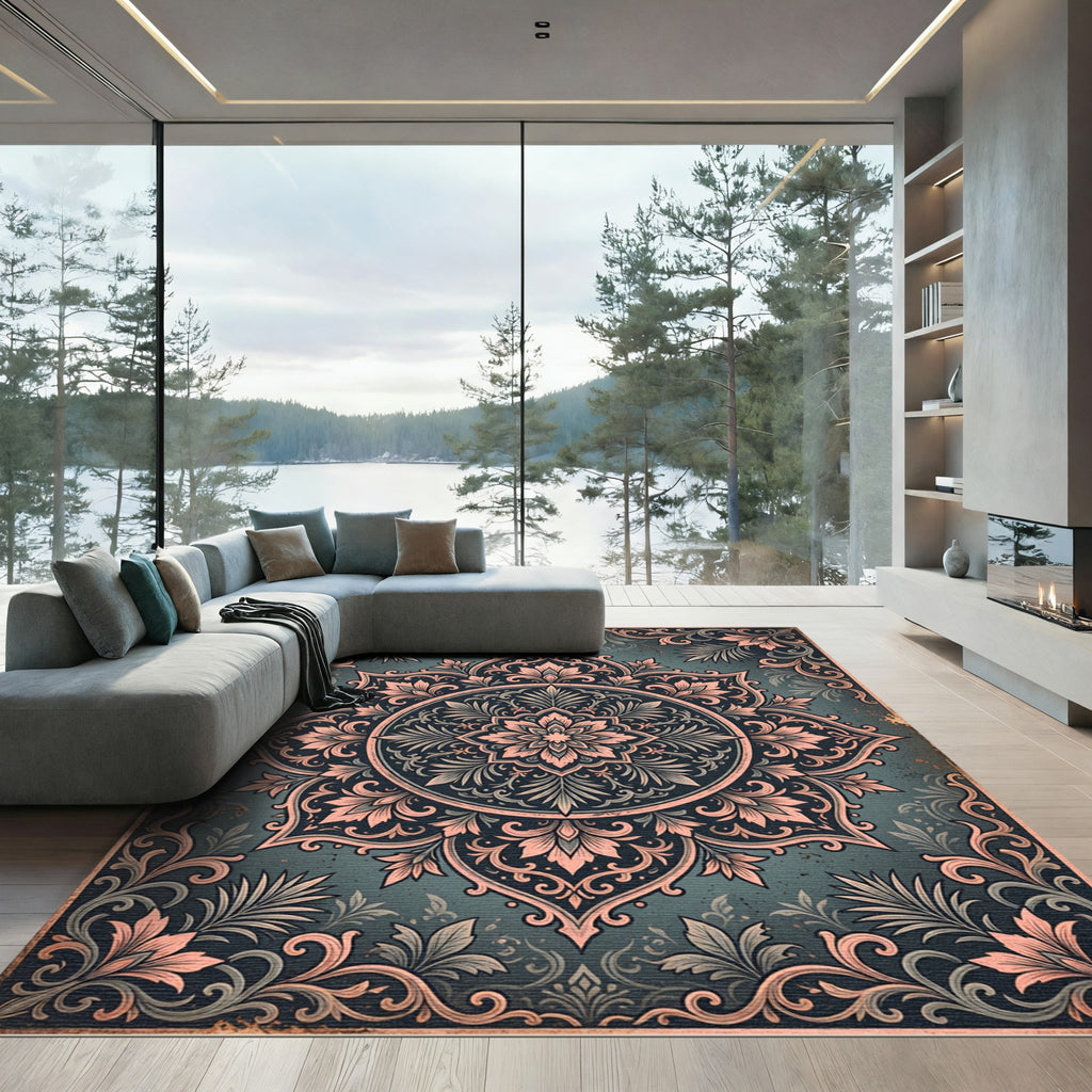 Deep Teal Rose Medallion Floral Rug