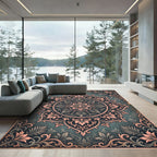 Deep Teal Rose Medallion Floral Rug