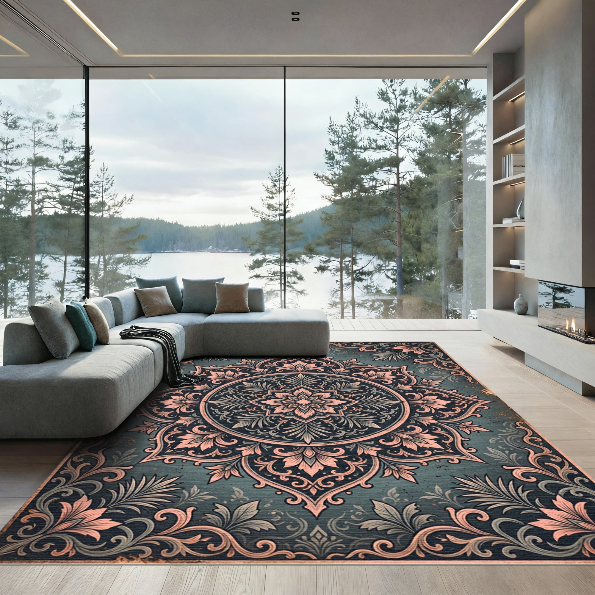 Deep Teal Rose Medallion Floral Rug