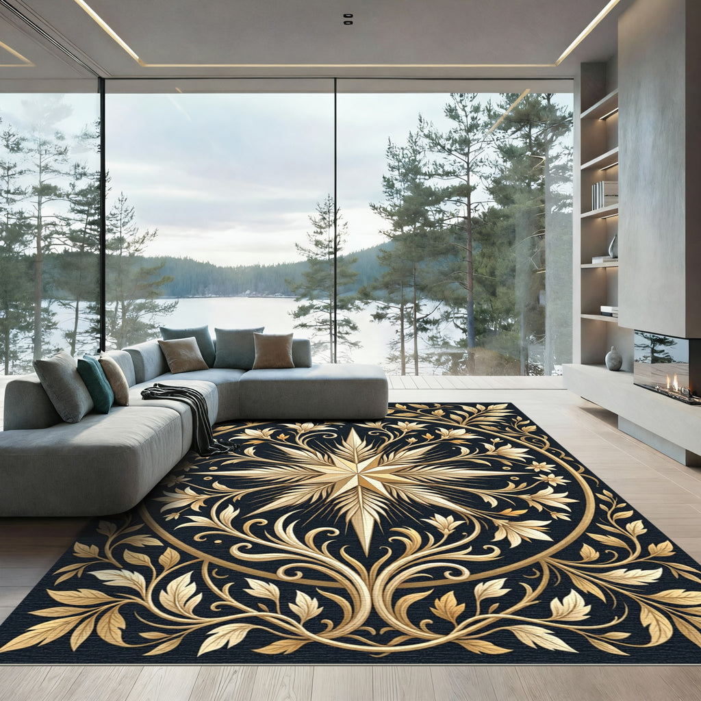 Golden Starburst Ornate Floral Mandala Rug