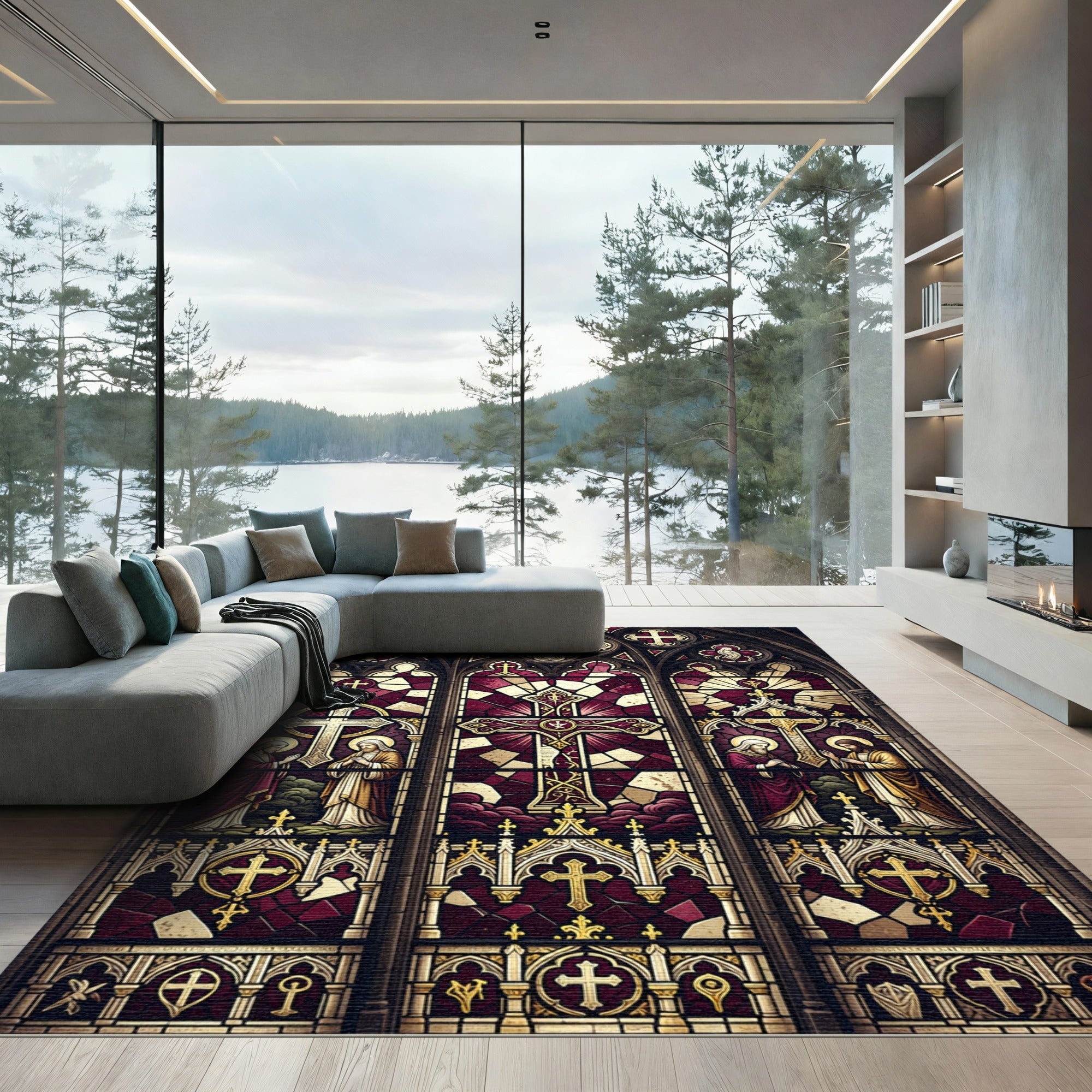 Gothic Stained Glass Ornate Cross Rug