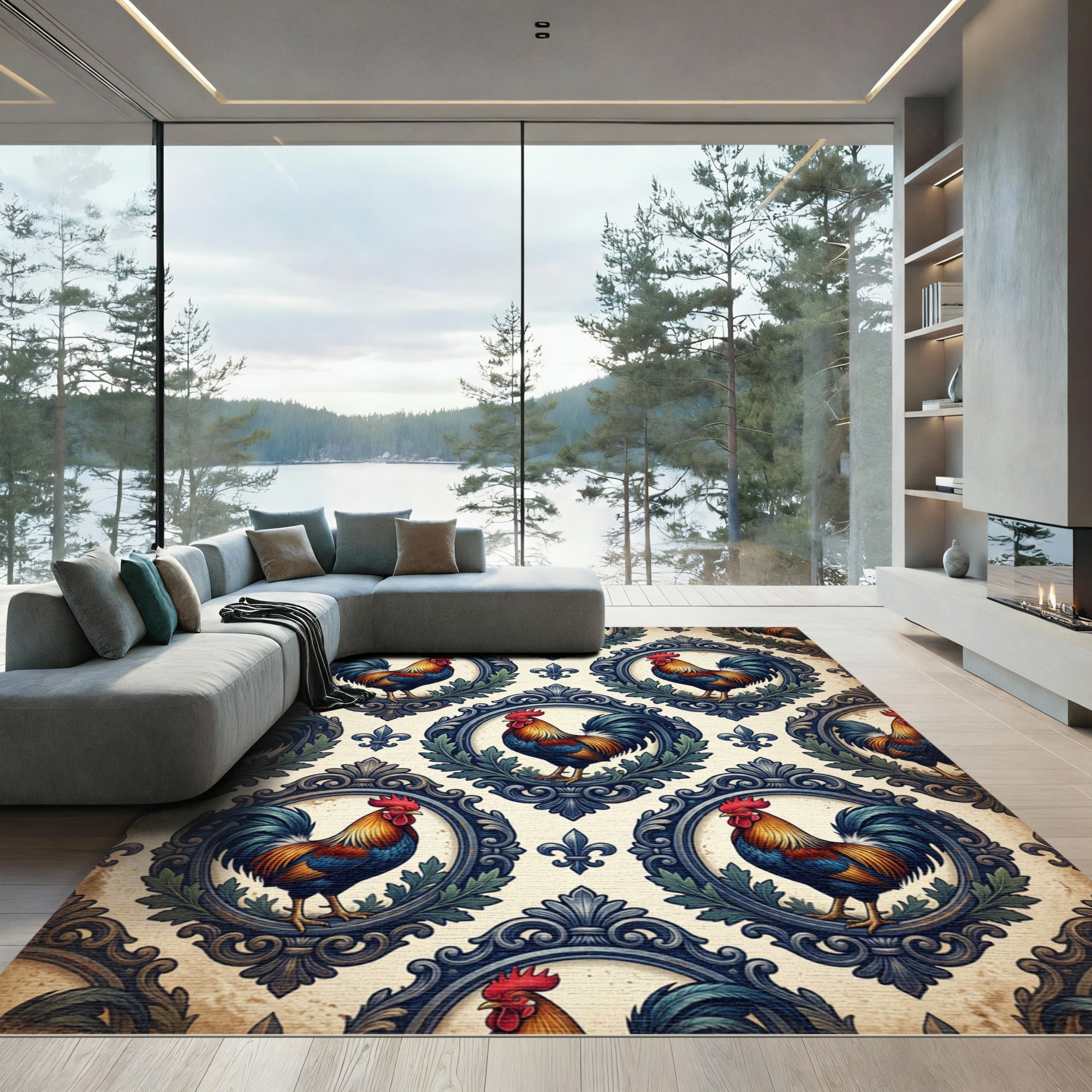 Ornate French Rooster Crest Foliage Rug
