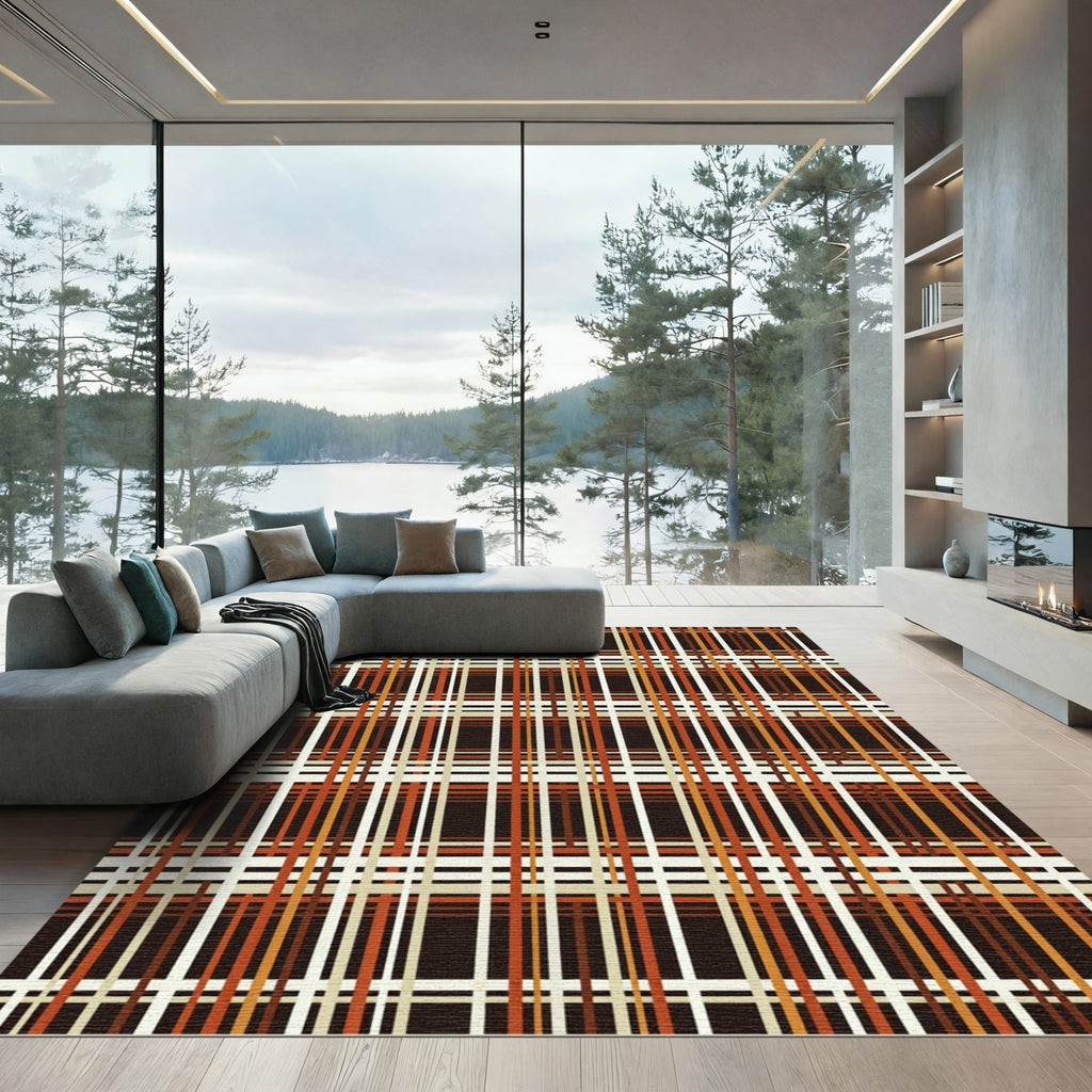 Copper and Cream Autumn Plaid Grid Rug