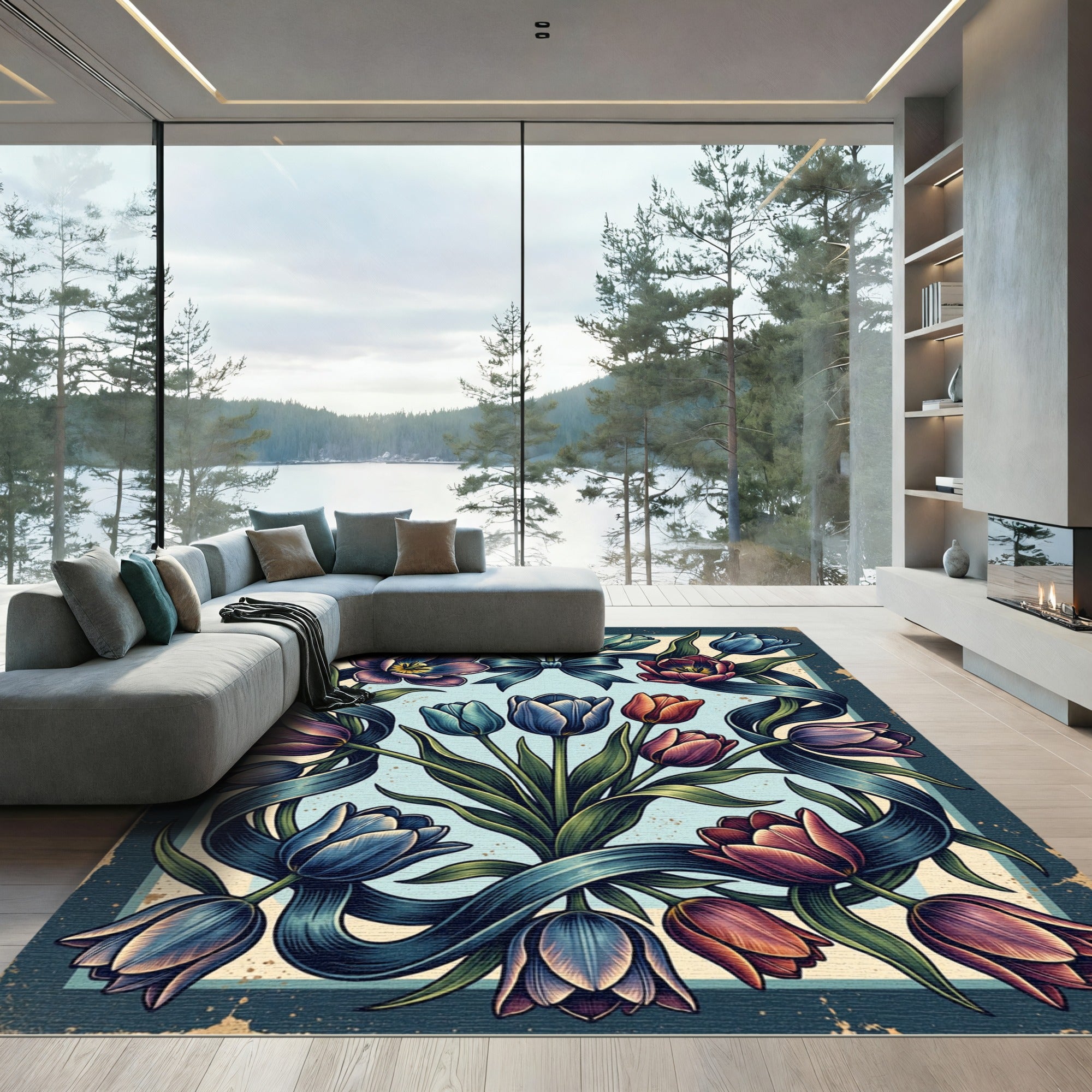 Enchanted Vintage Navy Tulip Ribbon Bouquet Rug