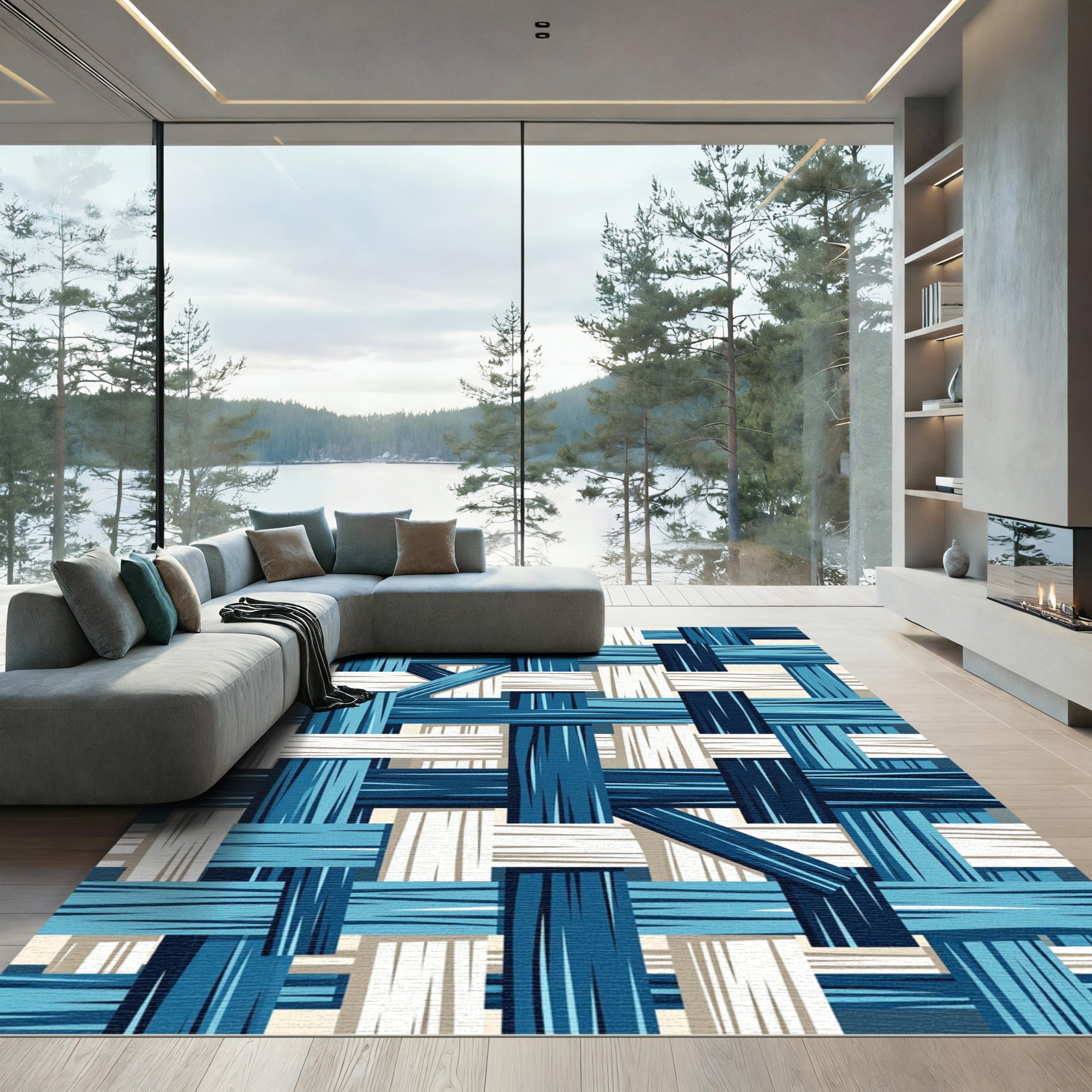 Woven Blue White Textured Stripe Rug