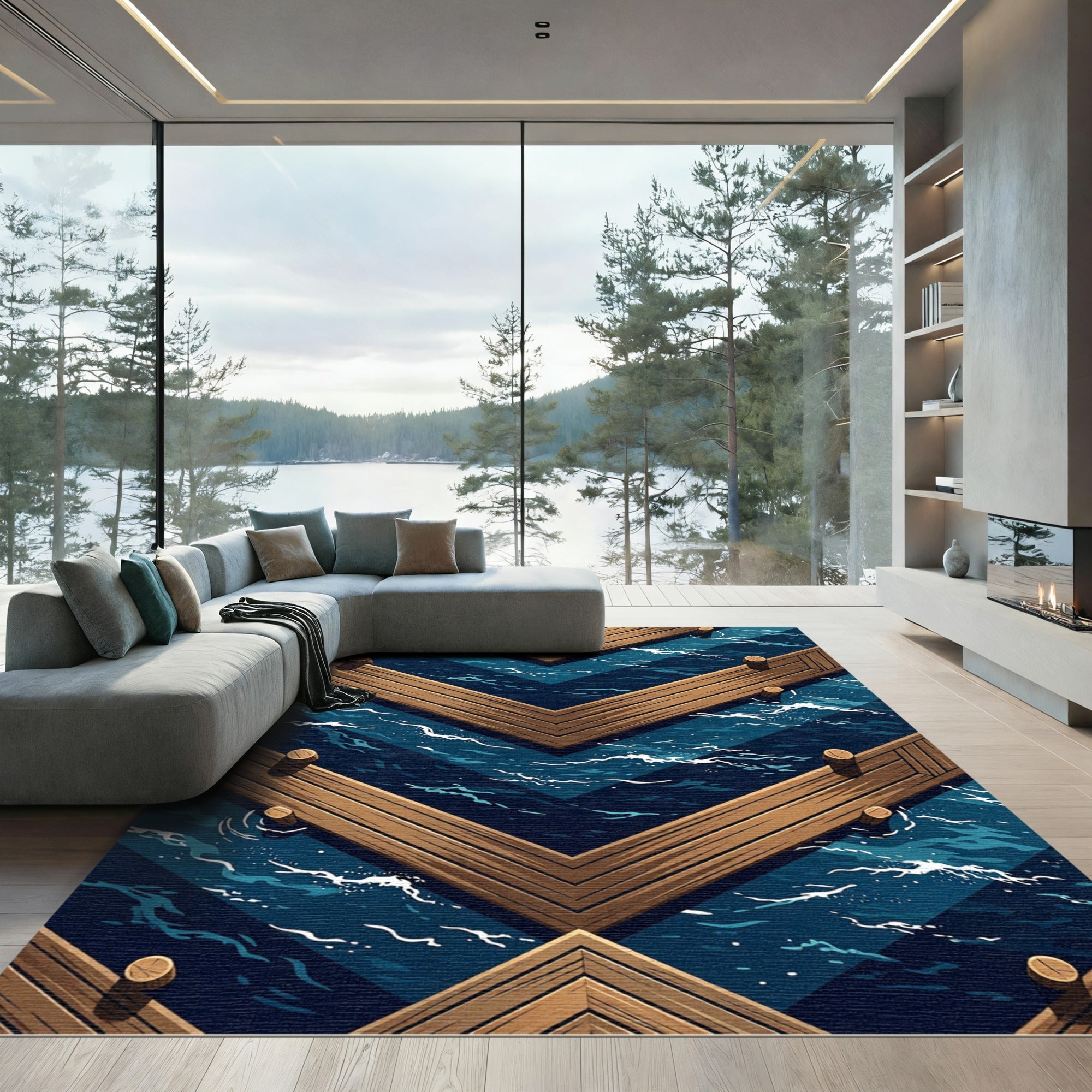 Geometric Navy Blue Coastal Pier Rug