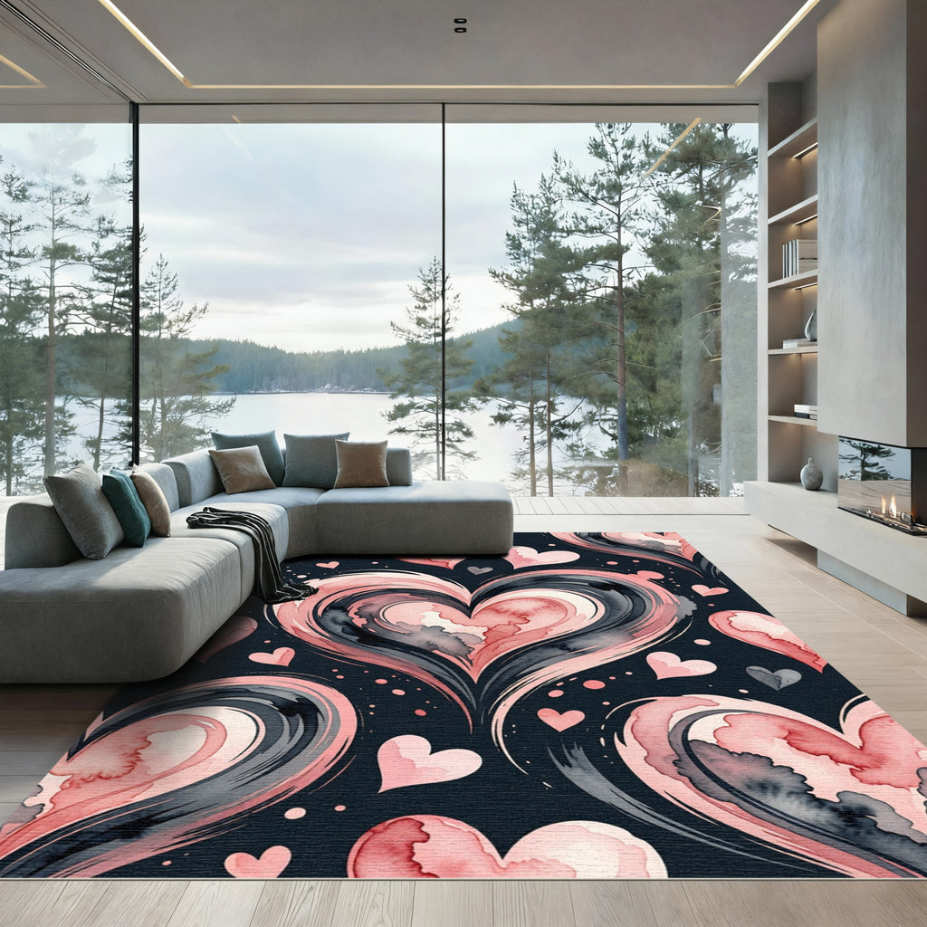 Pink Hearts Swirl Watercolor Composition Rug