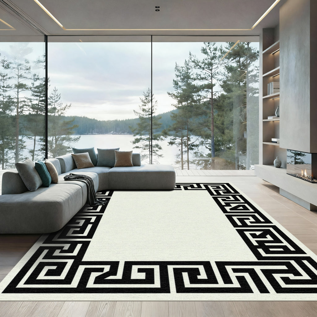 Black Geometric Maze Border Rug