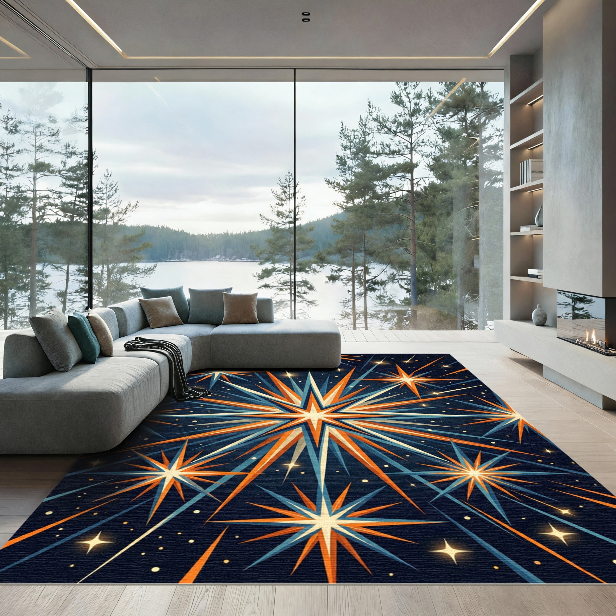 Celestial Starburst Navy and Tangerine Art Rug