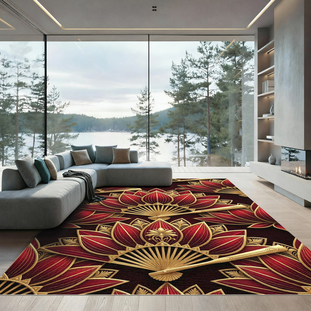 Elegant Crimson Gold Lotus Fan Art Rug