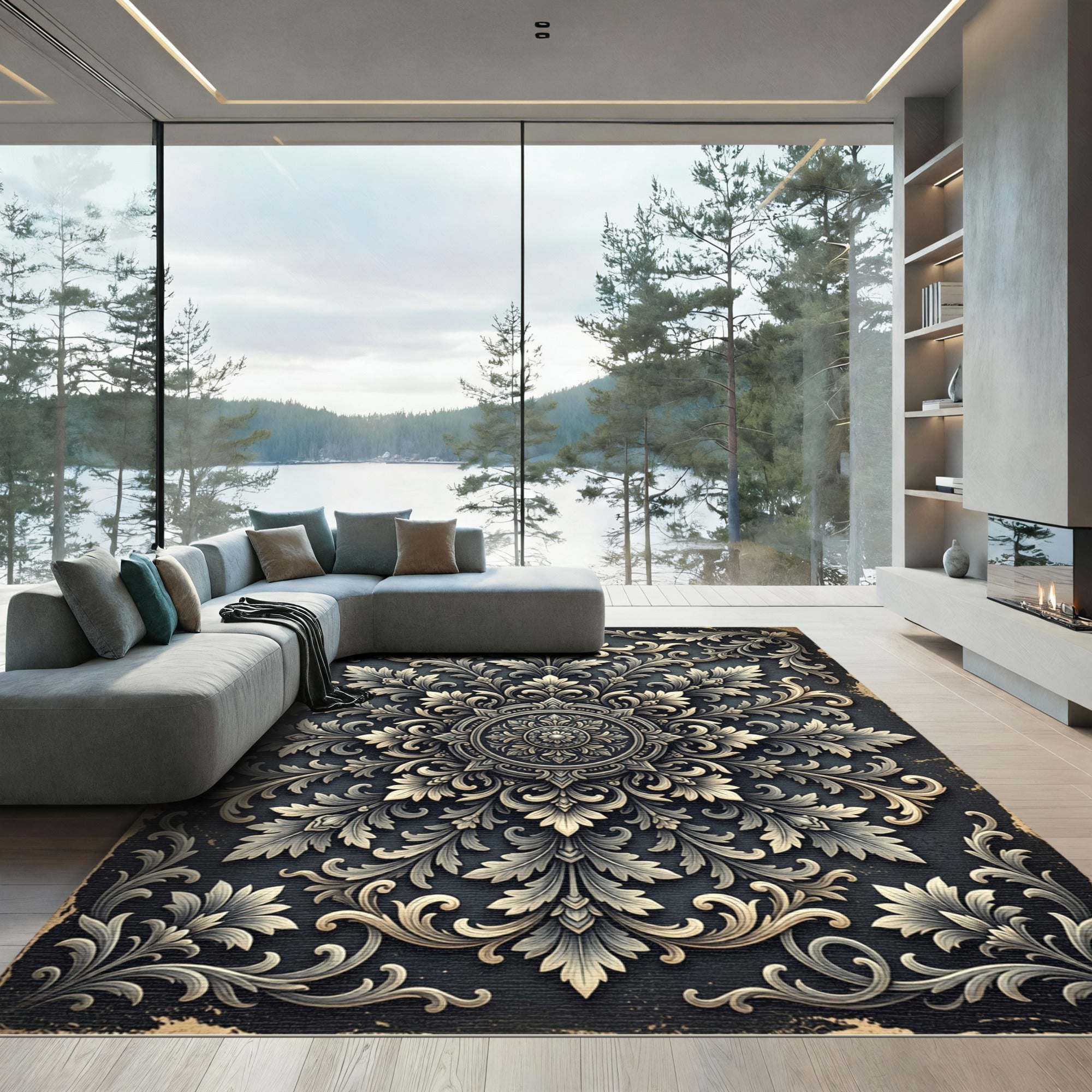 Intricate Charcoal Silver Filigree Medallion Rug
