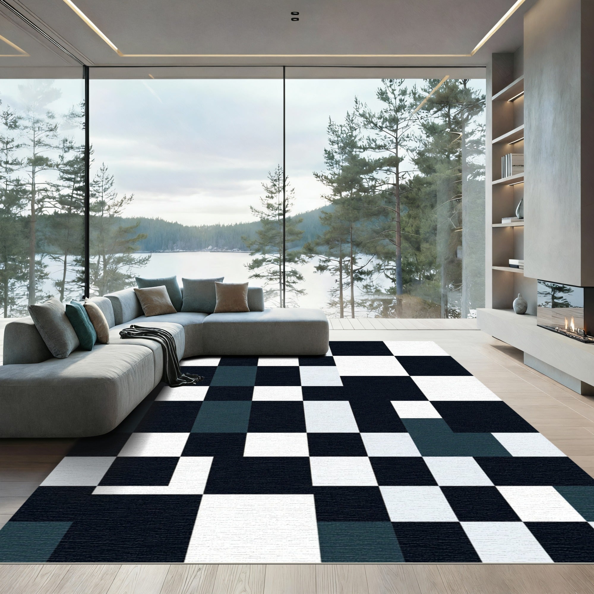 Monochrome Block Checkerboard Composition Rug