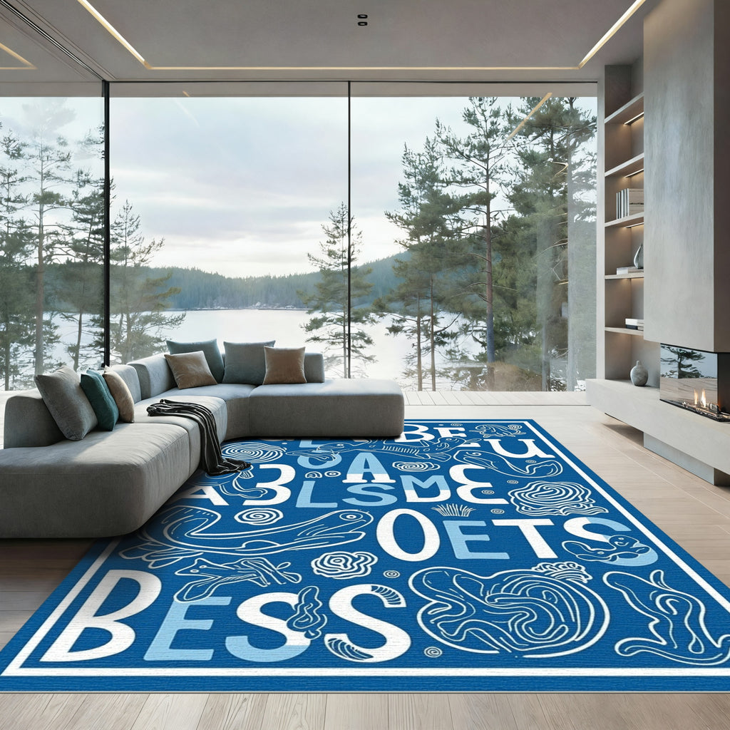 Blue Whimsical Aquatic Animals Alphabet Rug