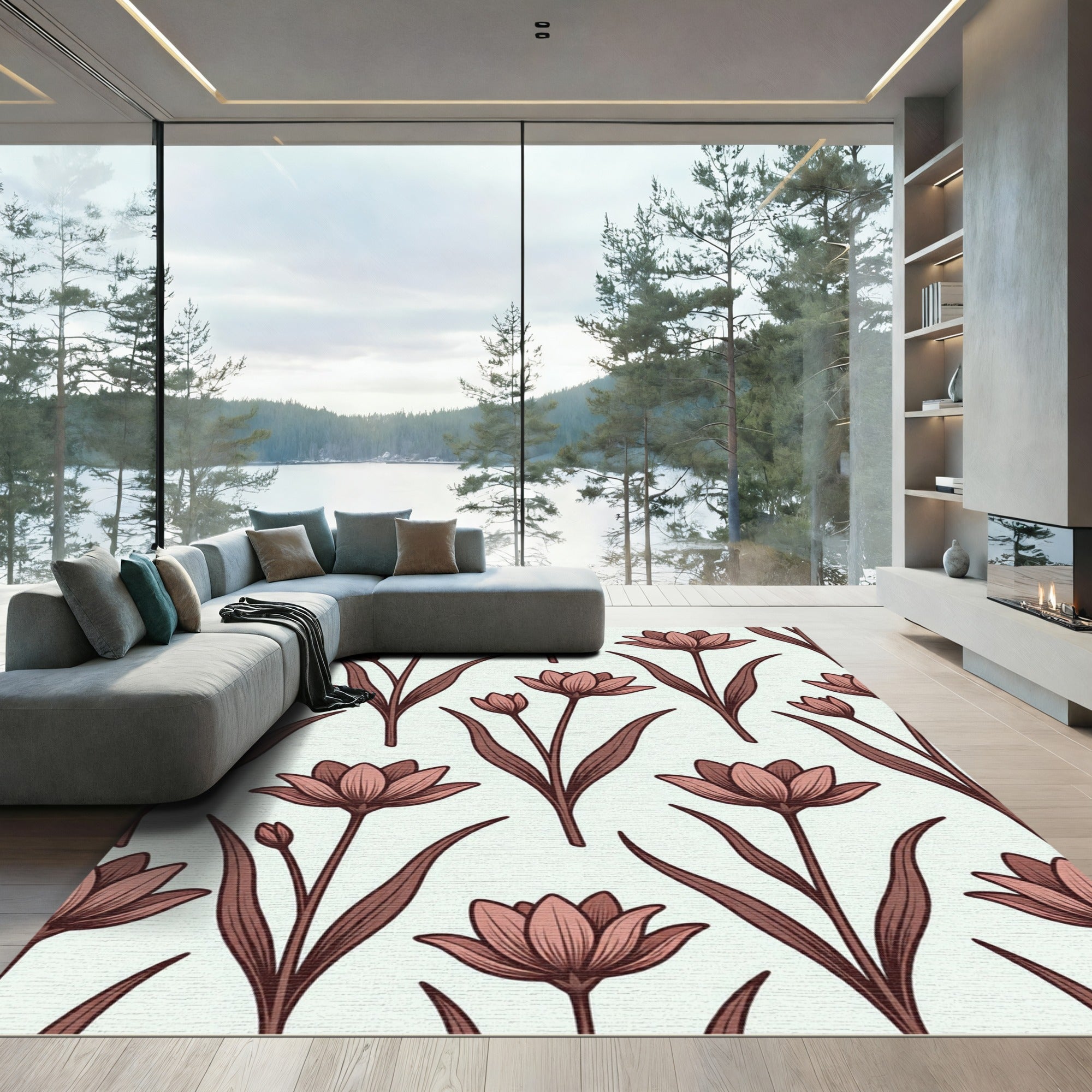 Muted Rose Floral Stem Art Rug