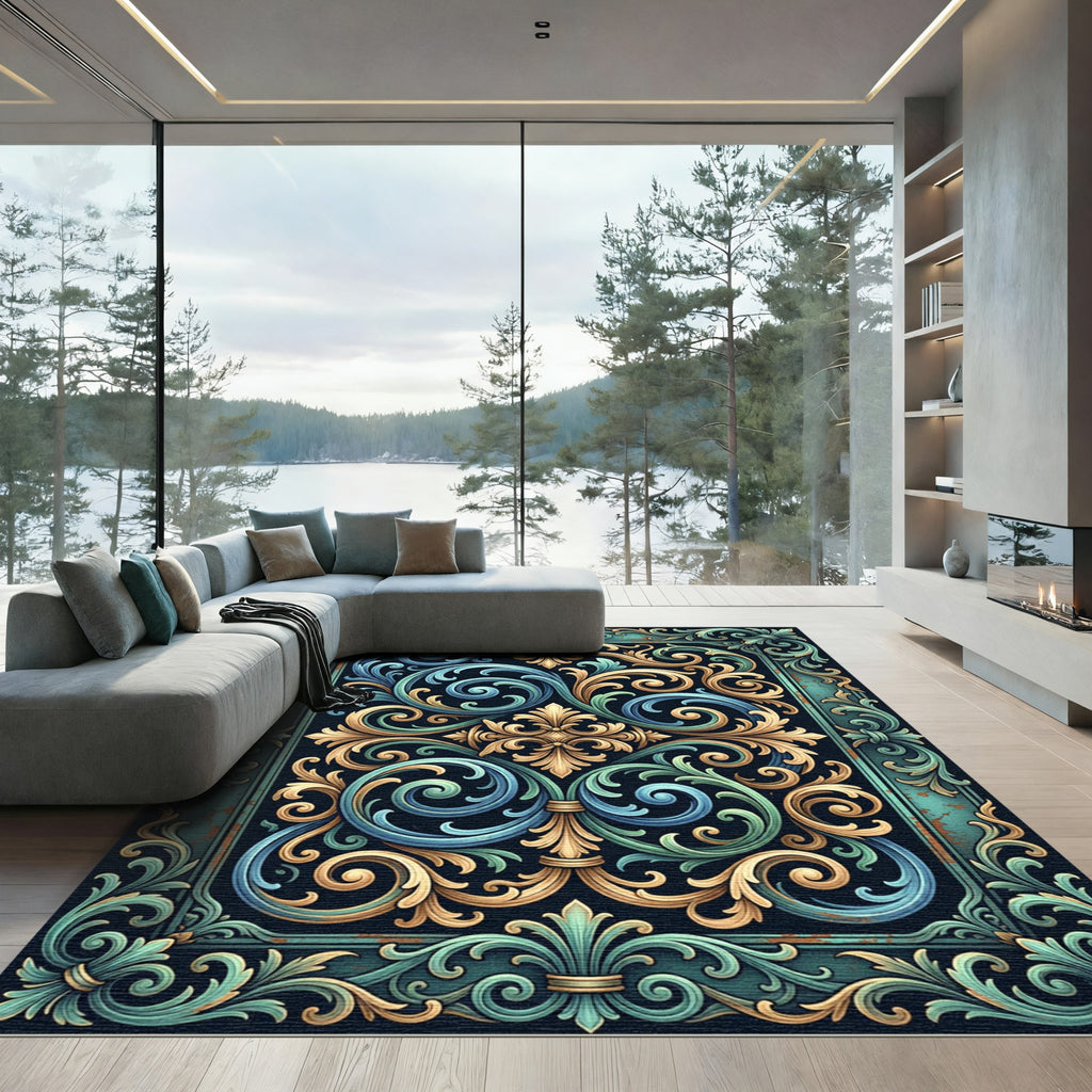 Ornate Teal Gold Flourish Scroll Rug