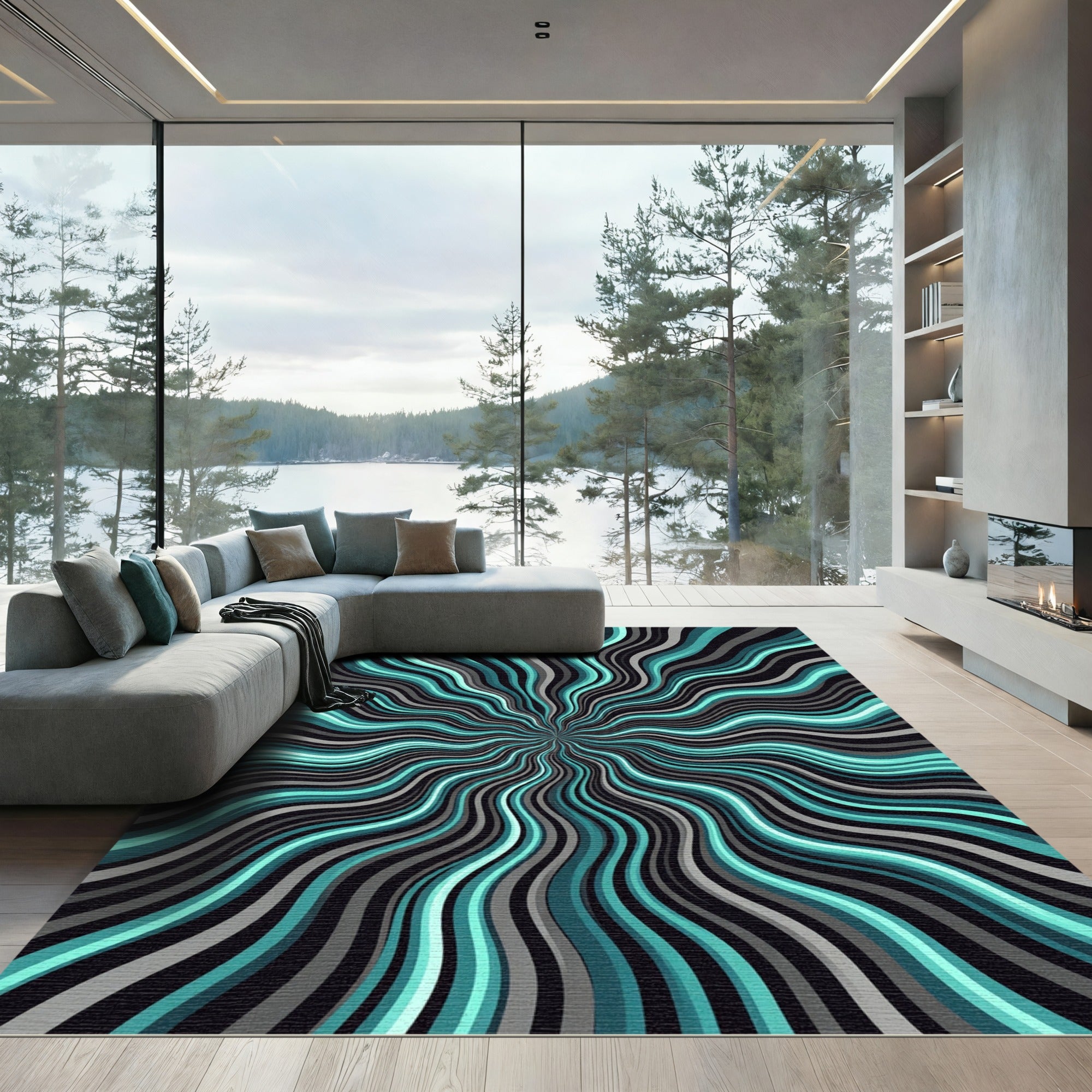 Teal and Gray Wavy Radial Burst Rug