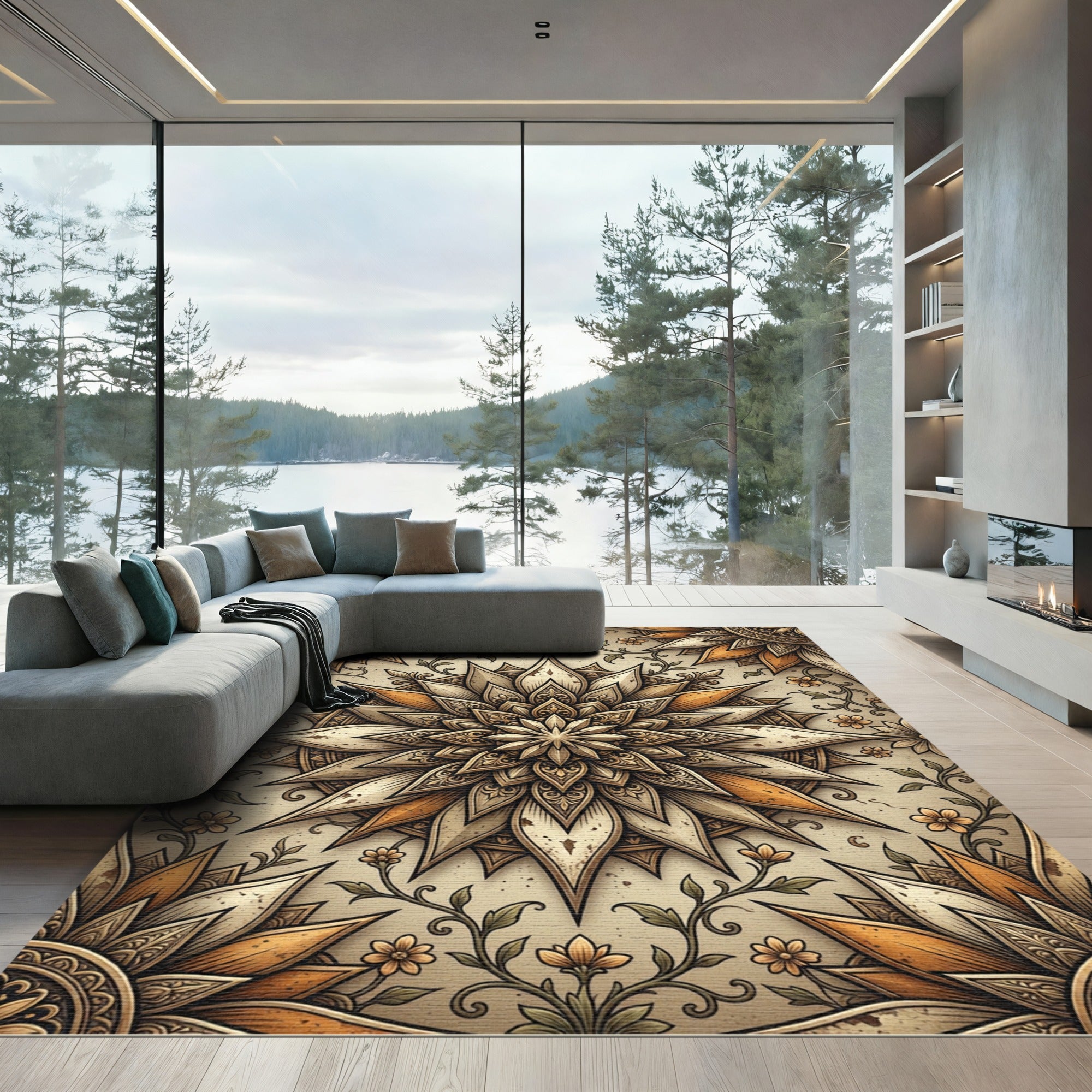 Elegant Beige Gold Floral Mandala Rug