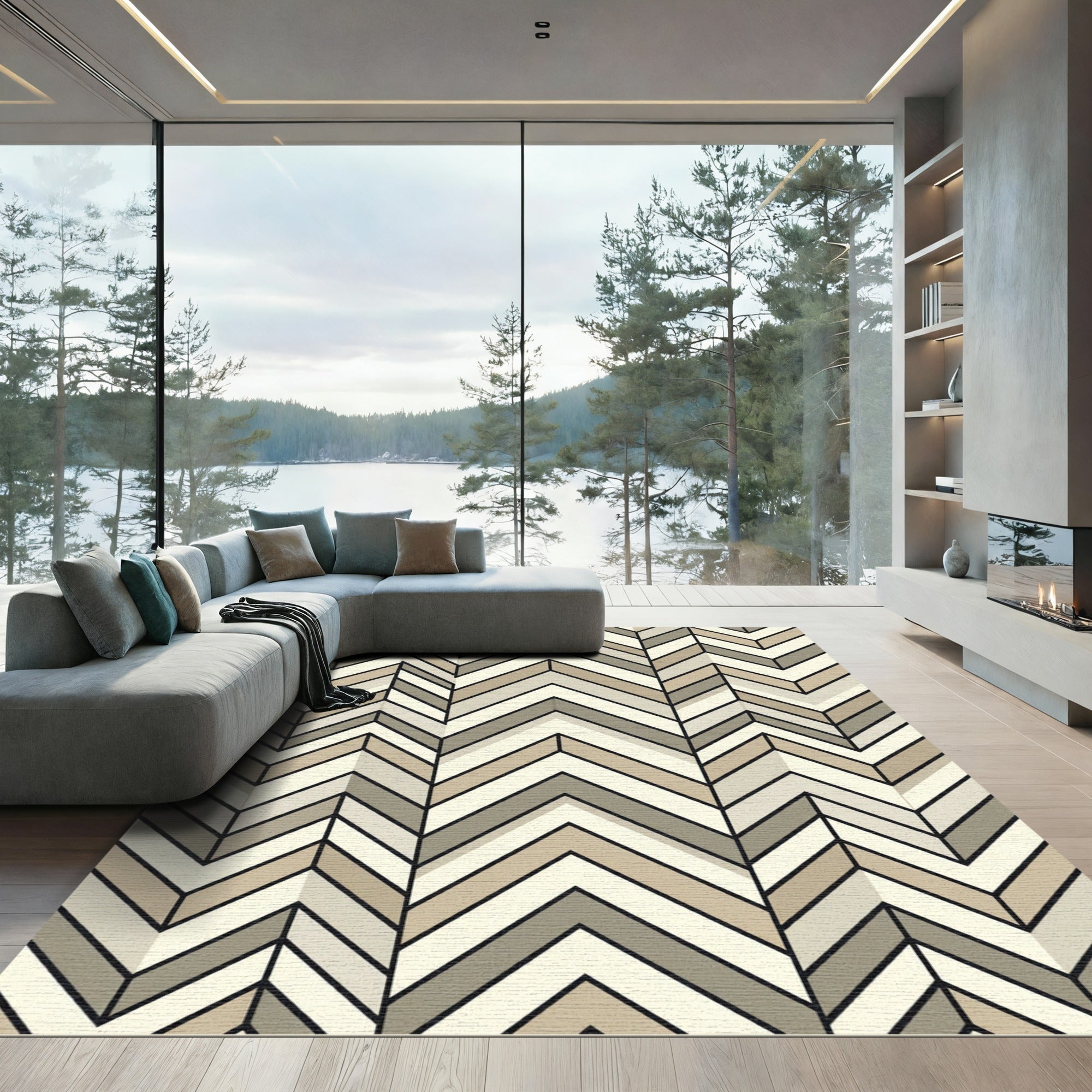 Modern Neutral Chevron Geometric Wood Tone Rug